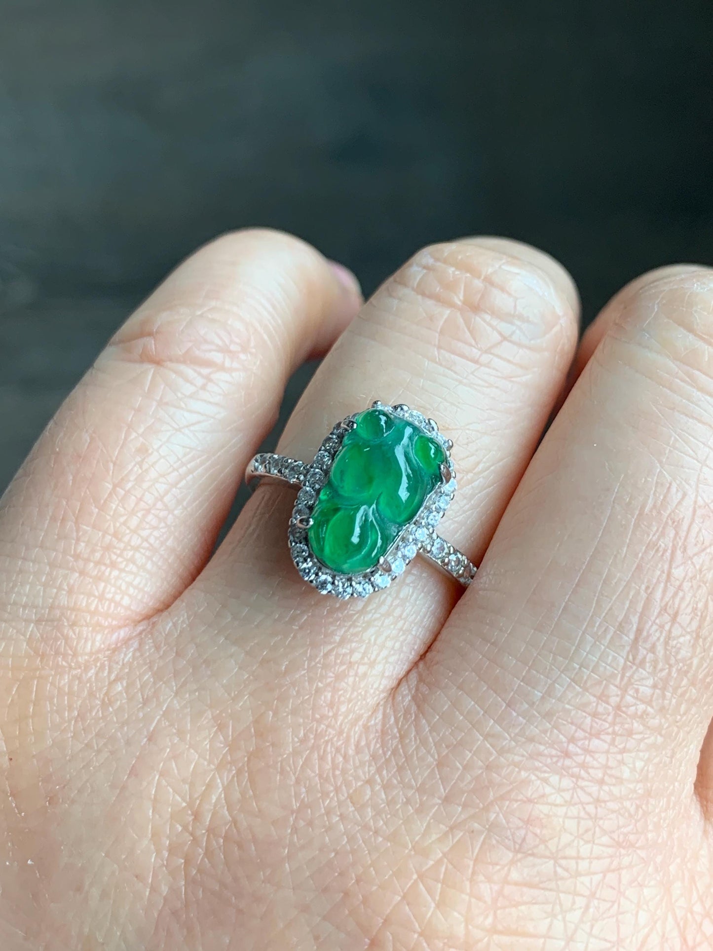 Natural Grade A Guatemalan Icy Translucent Green Jadeite Carved Goldfish Ring Sterling Silver Size 7 Adjustable 天然冰危绿翡翠金鱼银镶戒指 LJY180-A