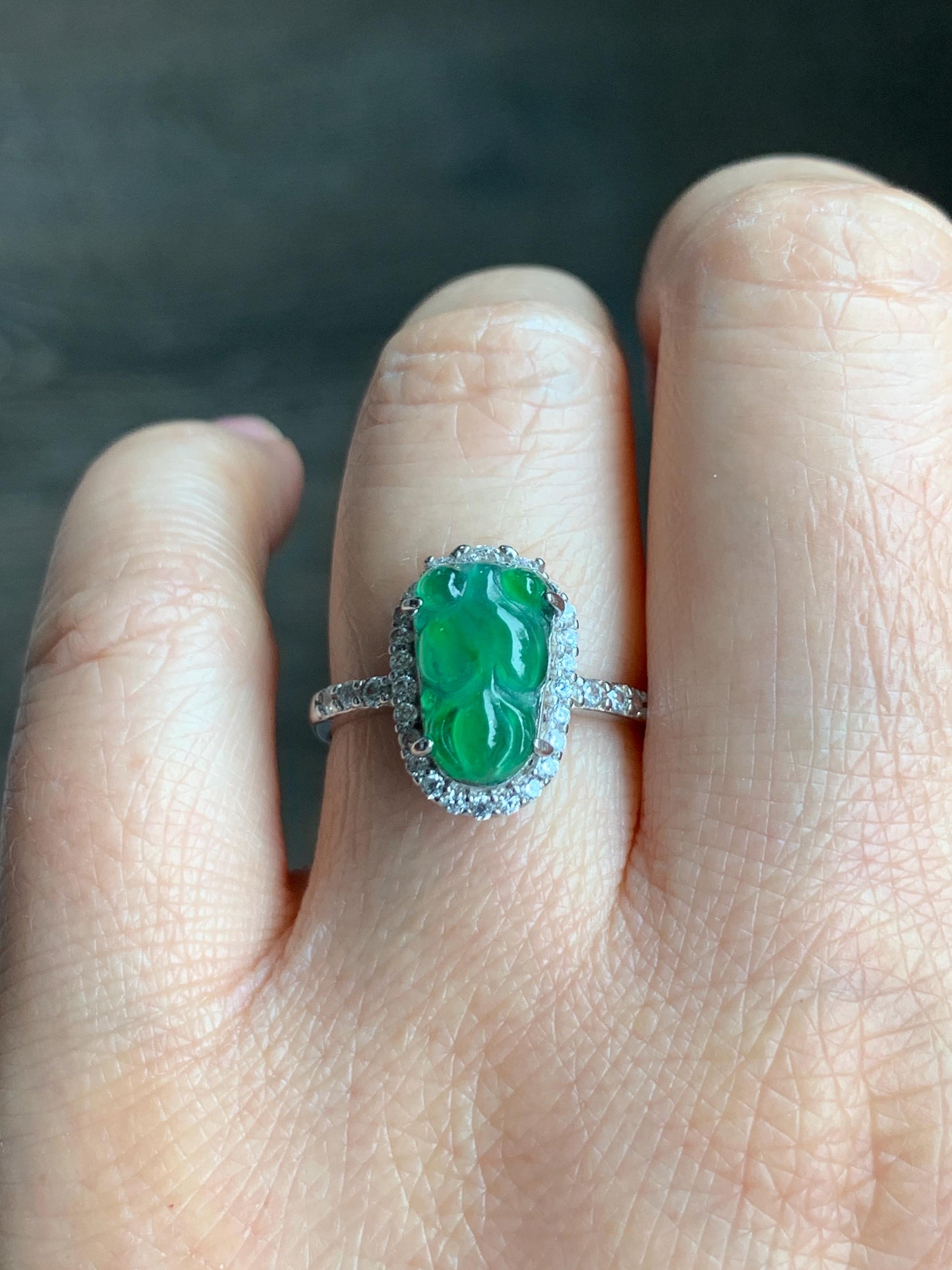 Natural Grade A Guatemalan Icy Translucent Green Jadeite Carved Goldfish Ring Sterling Silver Size 7 Adjustable 天然冰危绿翡翠金鱼银镶戒指 LJY180-A
