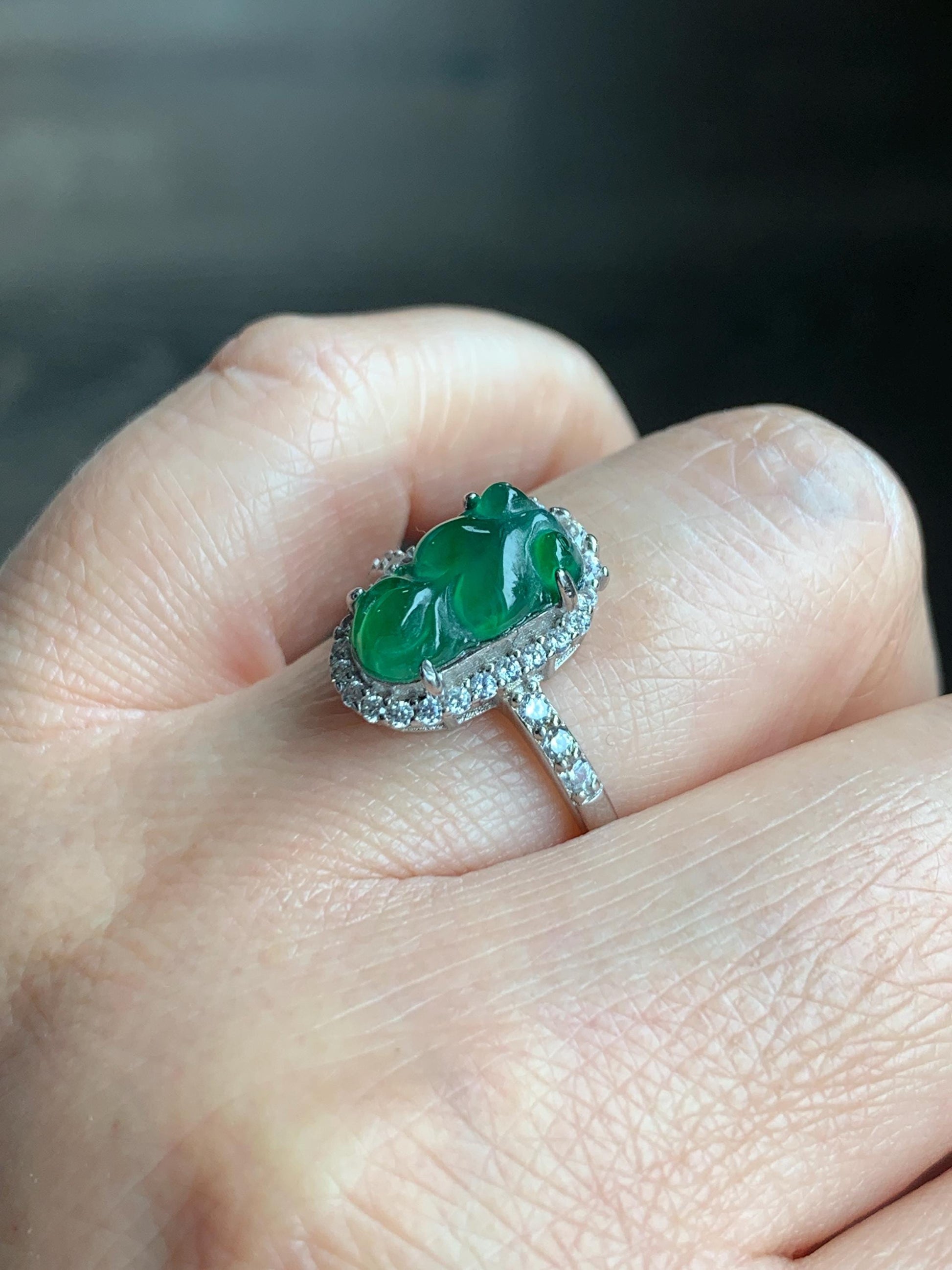 Natural Grade A Guatemalan Icy Translucent Green Jadeite Carved Goldfish Ring Sterling Silver Size 7 Adjustable 天然冰危绿翡翠金鱼银镶戒指 LJY180-A