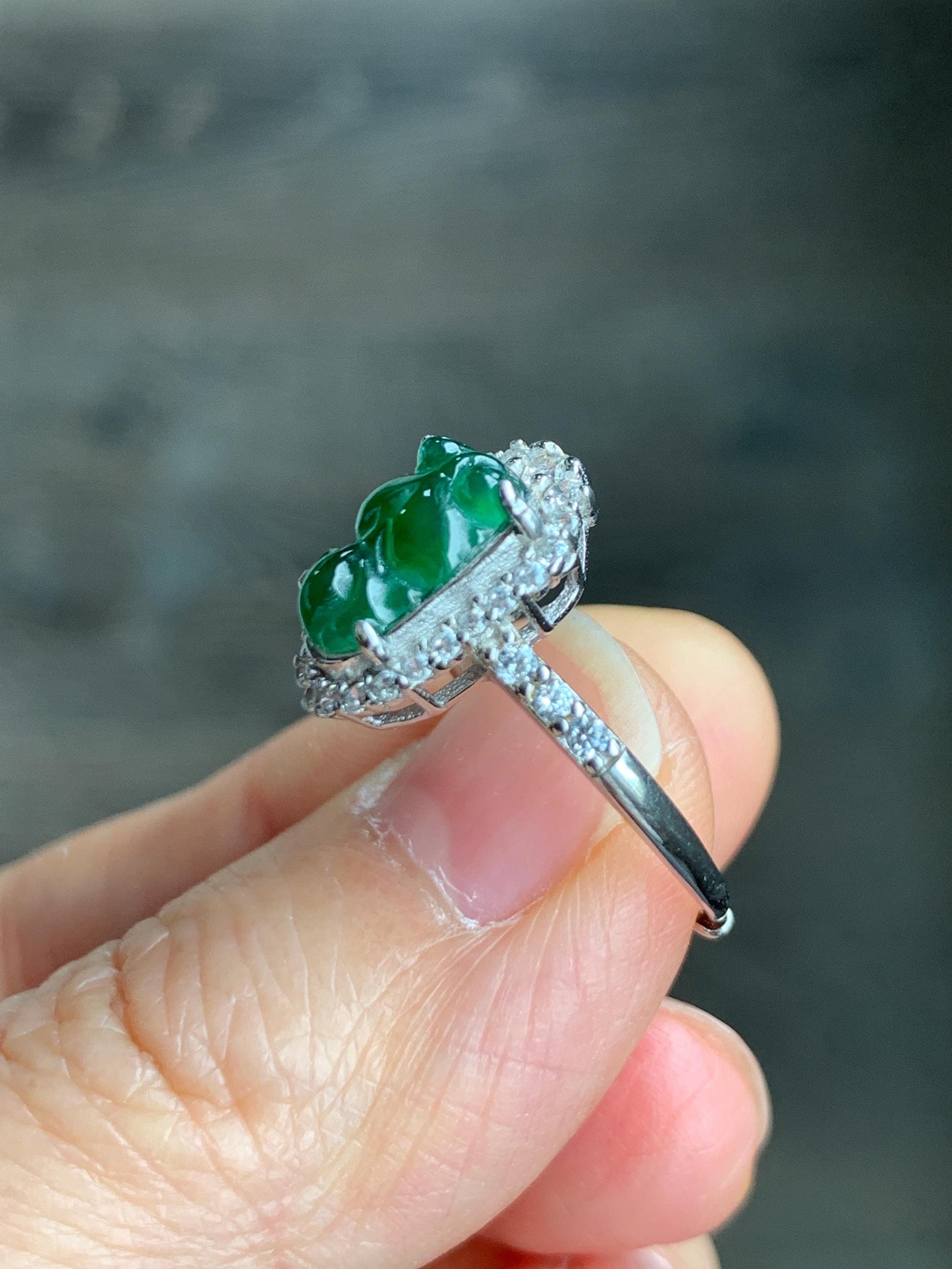 Natural Grade A Guatemalan Icy Translucent Green Jadeite Carved Goldfish Ring Sterling Silver Size 7 Adjustable 天然冰危绿翡翠金鱼银镶戒指 LJY180-B