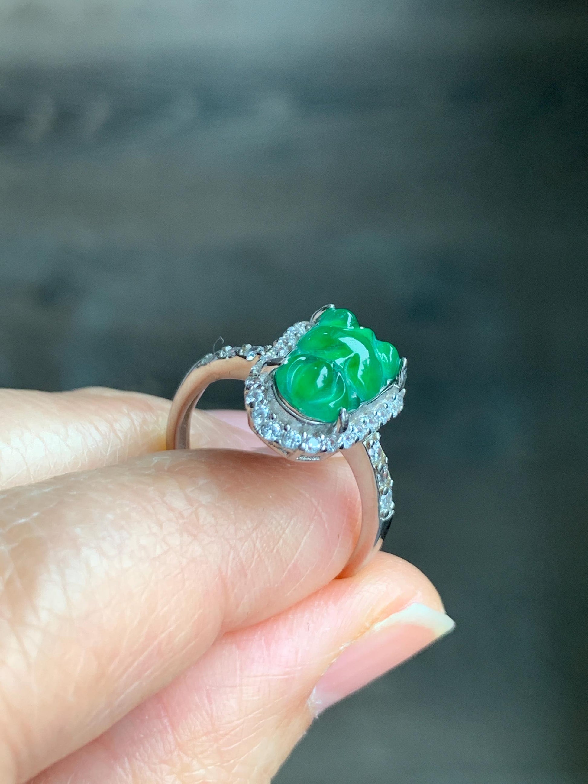 Natural Grade A Guatemalan Icy Translucent Green Jadeite Carved Goldfish Ring Sterling Silver Size 7 Adjustable 天然冰危绿翡翠金鱼银镶戒指 LJY180-B