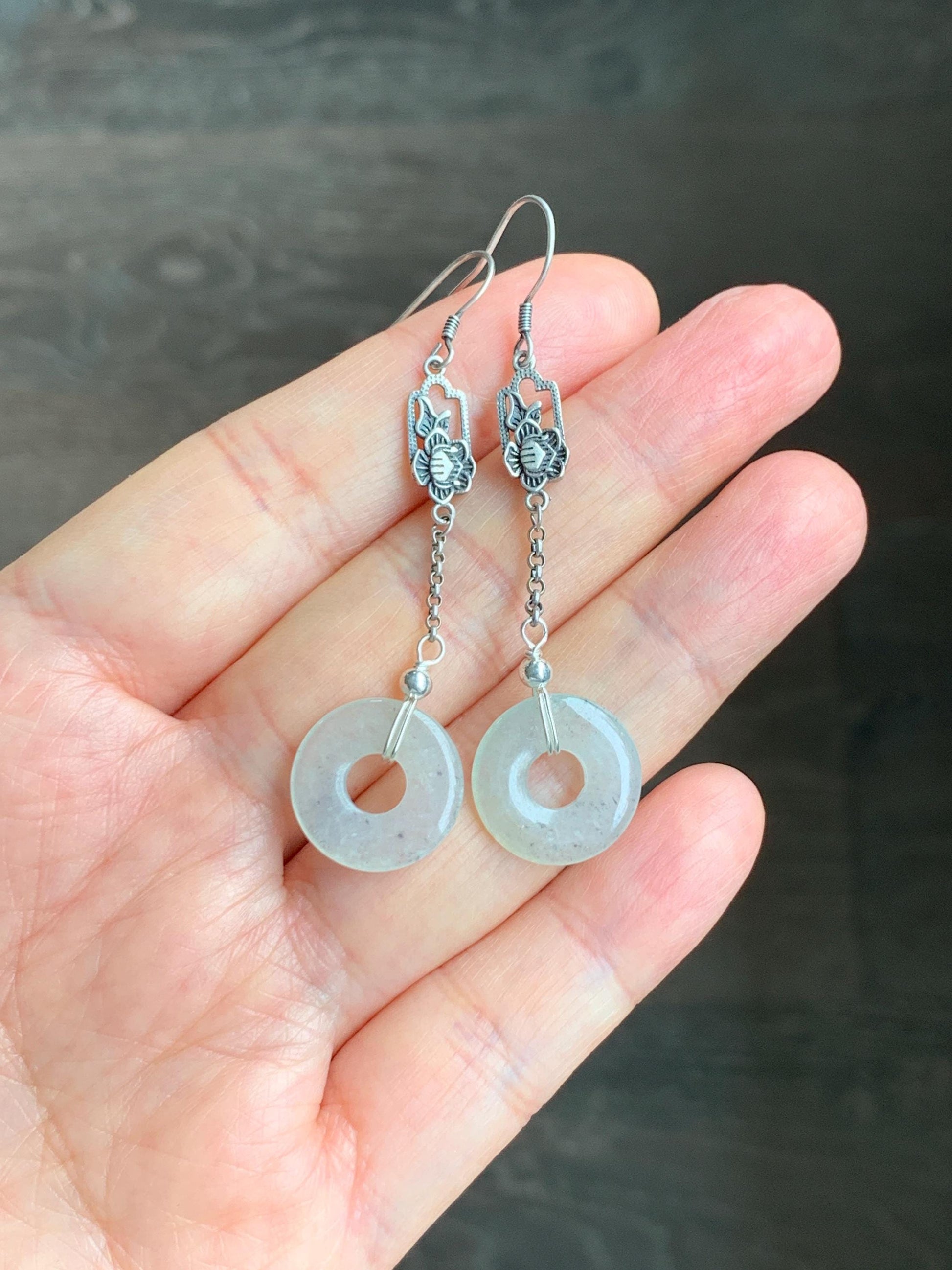 Natural Grade A Icy Translucent Light Wuji Marbled Jadeite Ping An Kou Donut Dangle Earrings S925 Sterling Silver 天然A货冰胶乌鸡翡翠平安扣银耳钩 WJX99