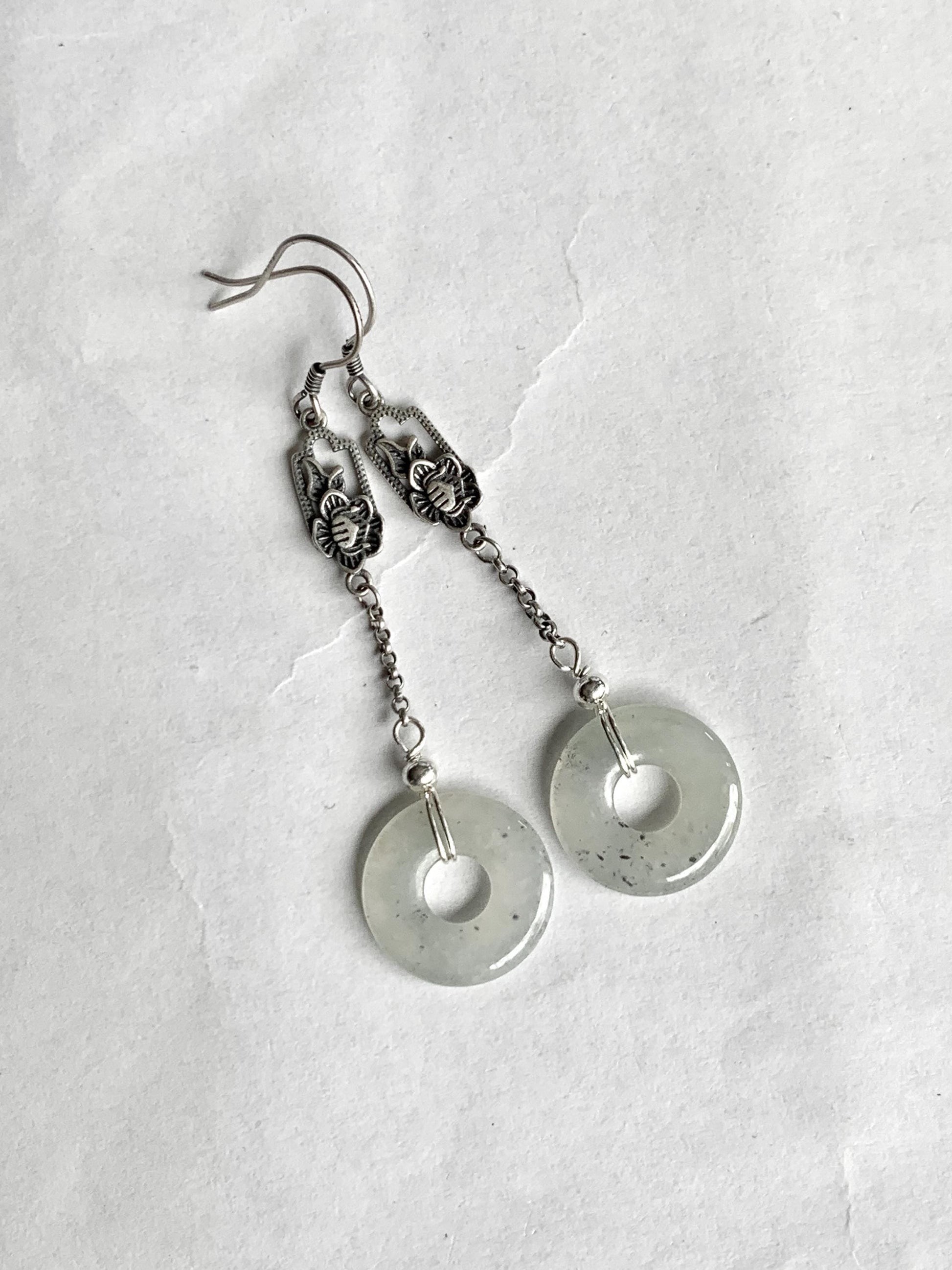 Natural Grade A Icy Translucent Light Wuji Marbled Jadeite Ping An Kou Donut Dangle Earrings S925 Sterling Silver 天然A货冰胶乌鸡翡翠平安扣银耳钩 WJX99
