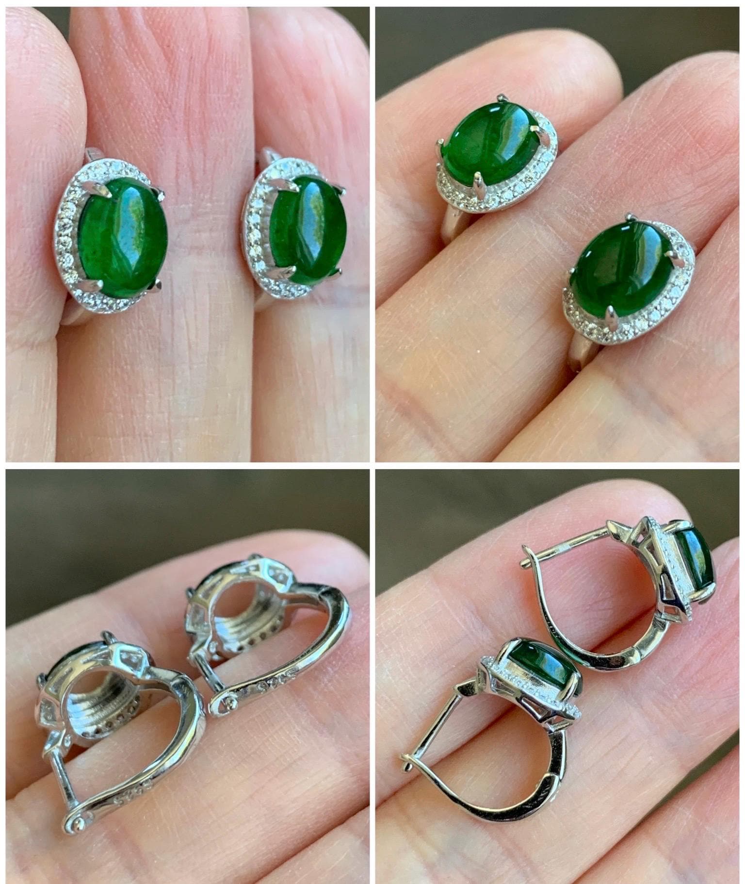 Natural Grade A Guatemalan Icy Translucent Vibrant Green Jade Jadeite Halo Style Huggie Hoop Earrings Sterling Silver 天然冰危绿翡翠镶嵌耳包 TYD88