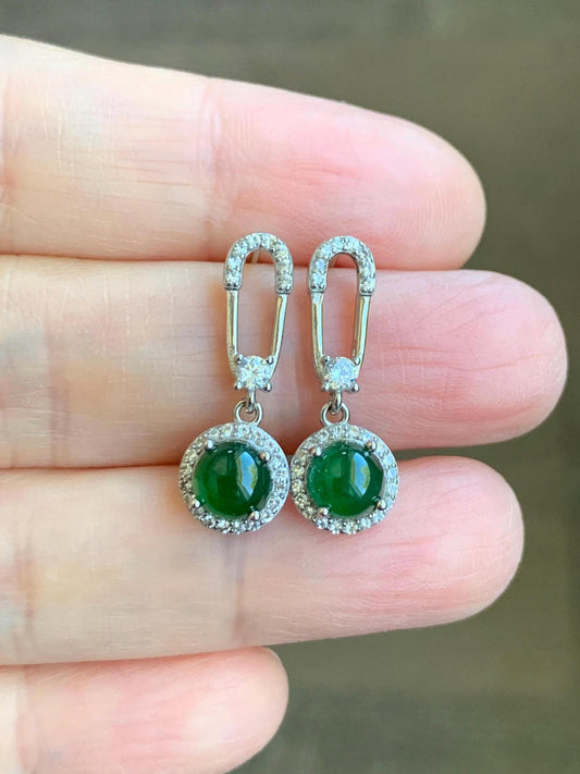 Natural Grade A Guatemalan Icy Translucent Vibrant Green Jade Jadeite Paper Clip Style Stud Earrings Sterling Silver 天然冰危绿翡翠镶嵌耳钉 LBZ77