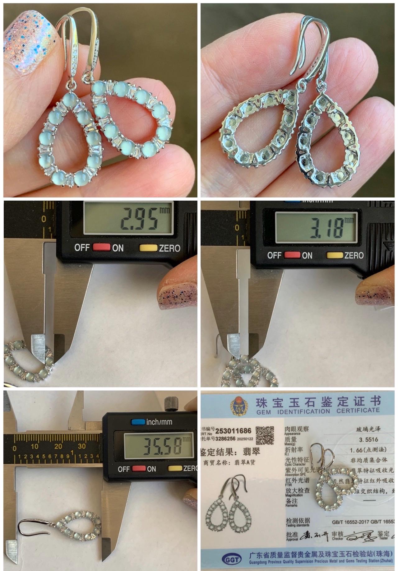 Certified Natural Guatemalan Grade A Icy Highly Translucent Pastel Blue Jade Jadeite Hook Dangle Earrings Sterling Silver 天然冰危蓝起光翡翠银镶耳钩 1686