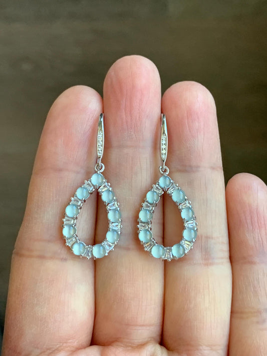 Certified Natural Guatemalan Grade A Icy Highly Translucent Pastel Blue Jade Jadeite Hook Dangle Earrings Sterling Silver 天然冰危蓝起光翡翠银镶耳钩 1686