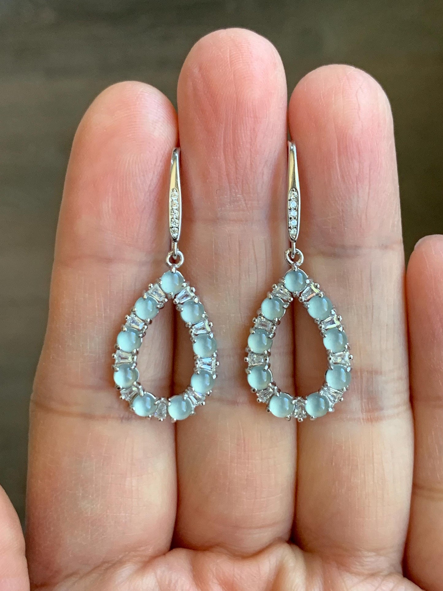 Certified Natural Guatemalan Grade A Icy Highly Translucent Pastel Blue Jade Jadeite Hook Dangle Earrings Sterling Silver 天然冰危蓝起光翡翠银镶耳钩 1686