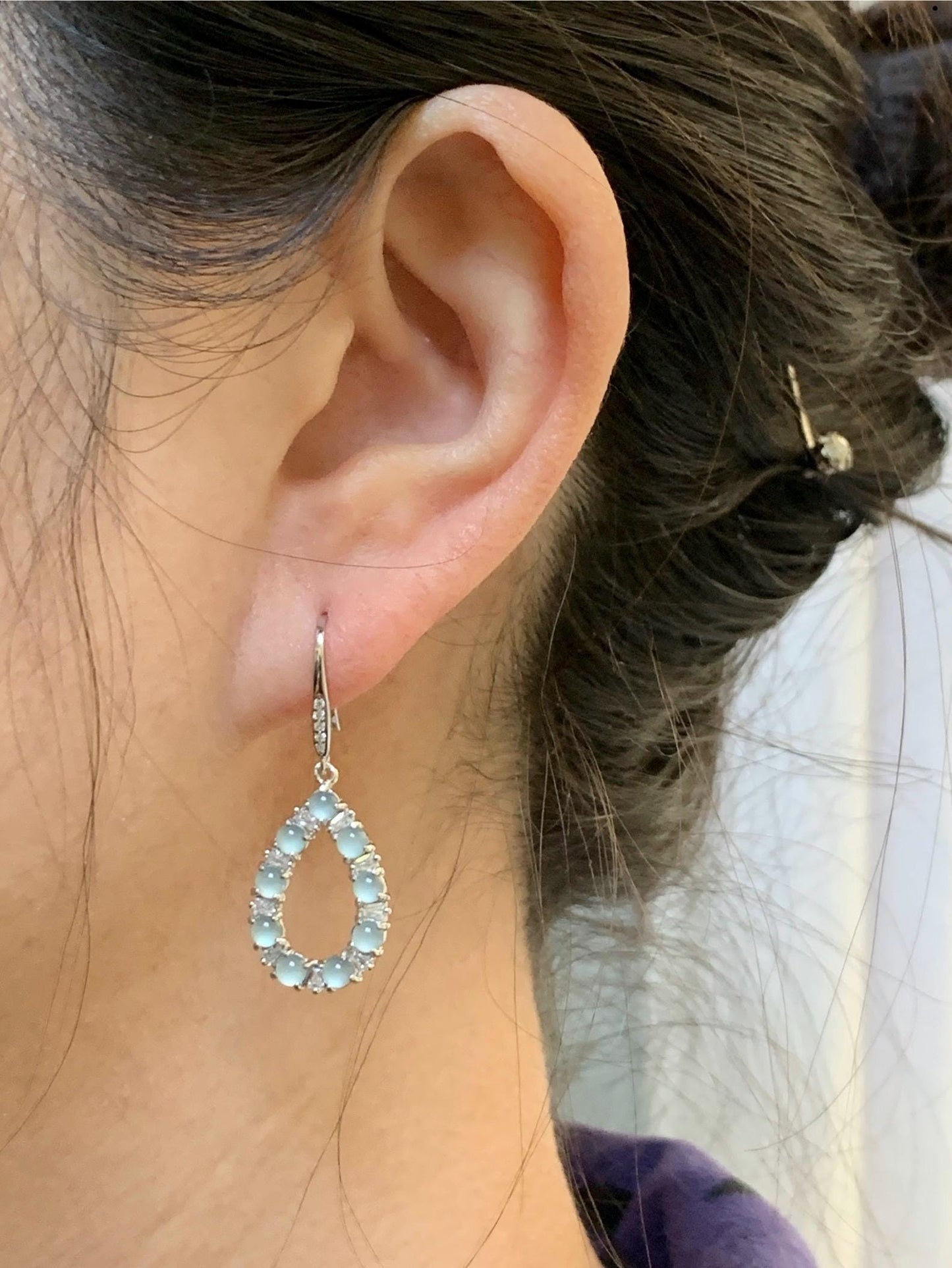 Certified Natural Guatemalan Grade A Icy Highly Translucent Pastel Blue Jade Jadeite Hook Dangle Earrings Sterling Silver 天然冰危蓝起光翡翠银镶耳钩 1686