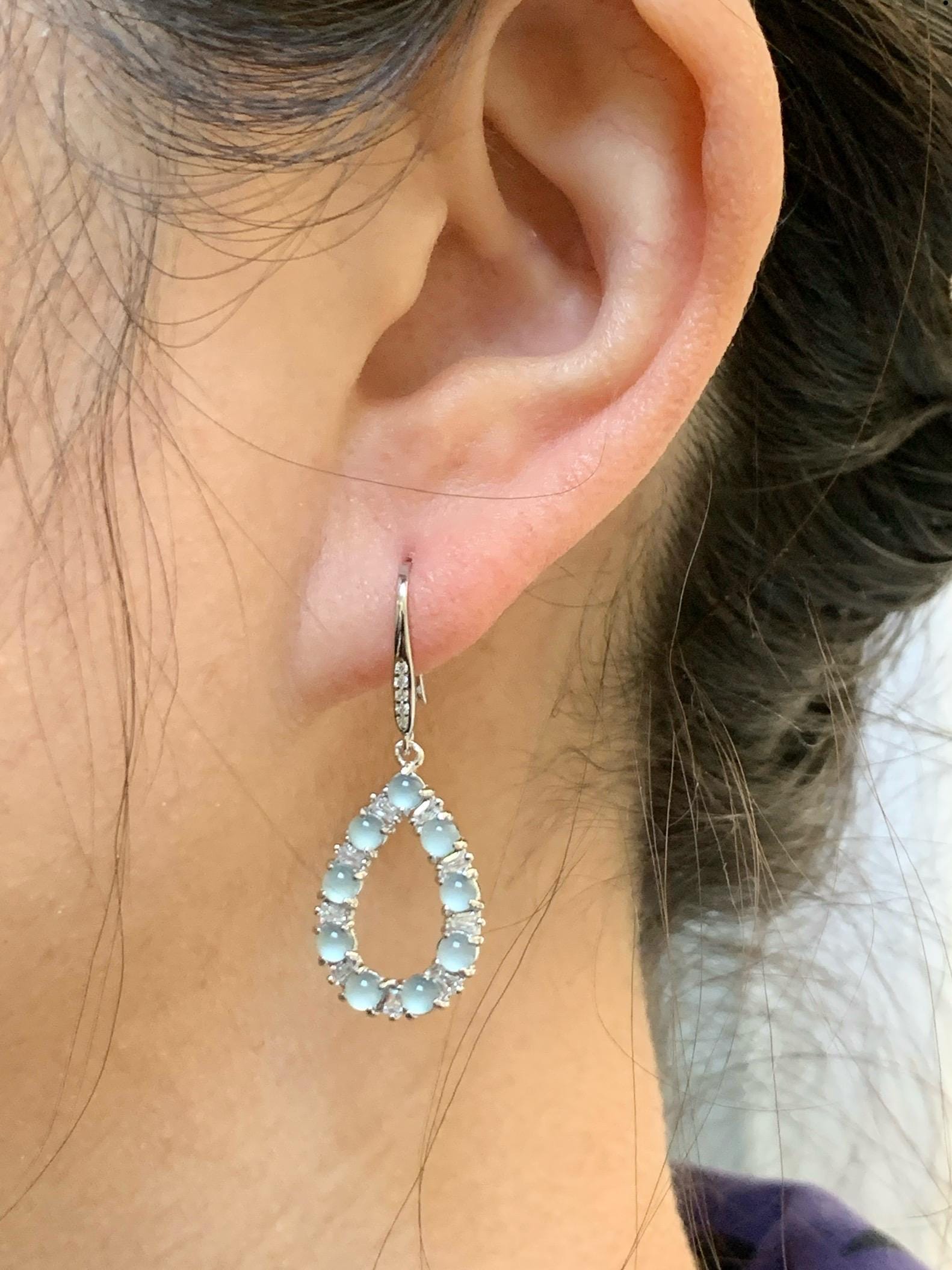 Certified Natural Guatemalan Grade A Icy Highly Translucent Pastel Blue Jade Jadeite Hook Dangle Earrings Sterling Silver 天然冰危蓝起光翡翠银镶耳钩 1686