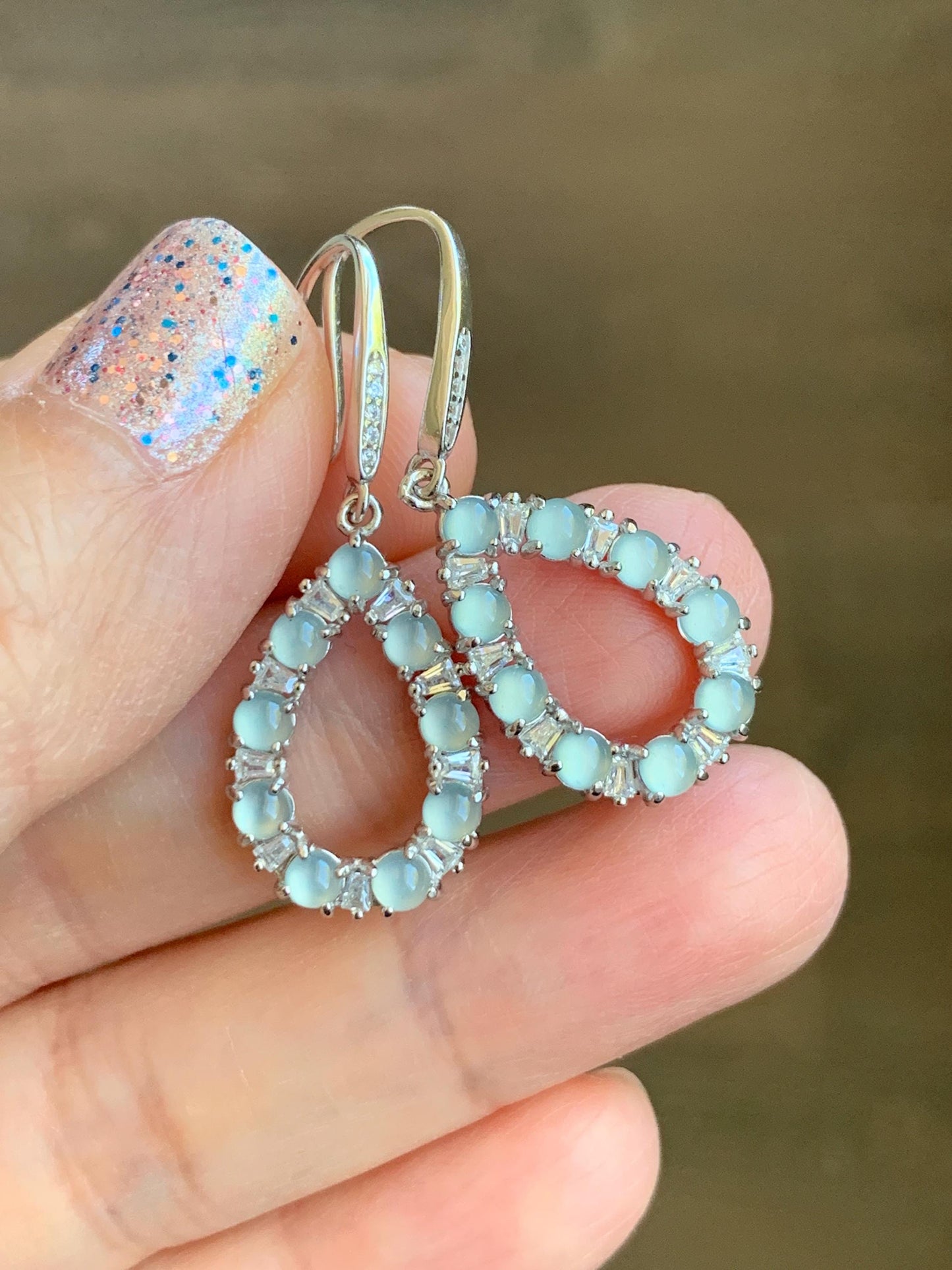 Certified Natural Guatemalan Grade A Icy Highly Translucent Pastel Blue Jade Jadeite Hook Dangle Earrings Sterling Silver 天然冰危蓝起光翡翠银镶耳钩 1686
