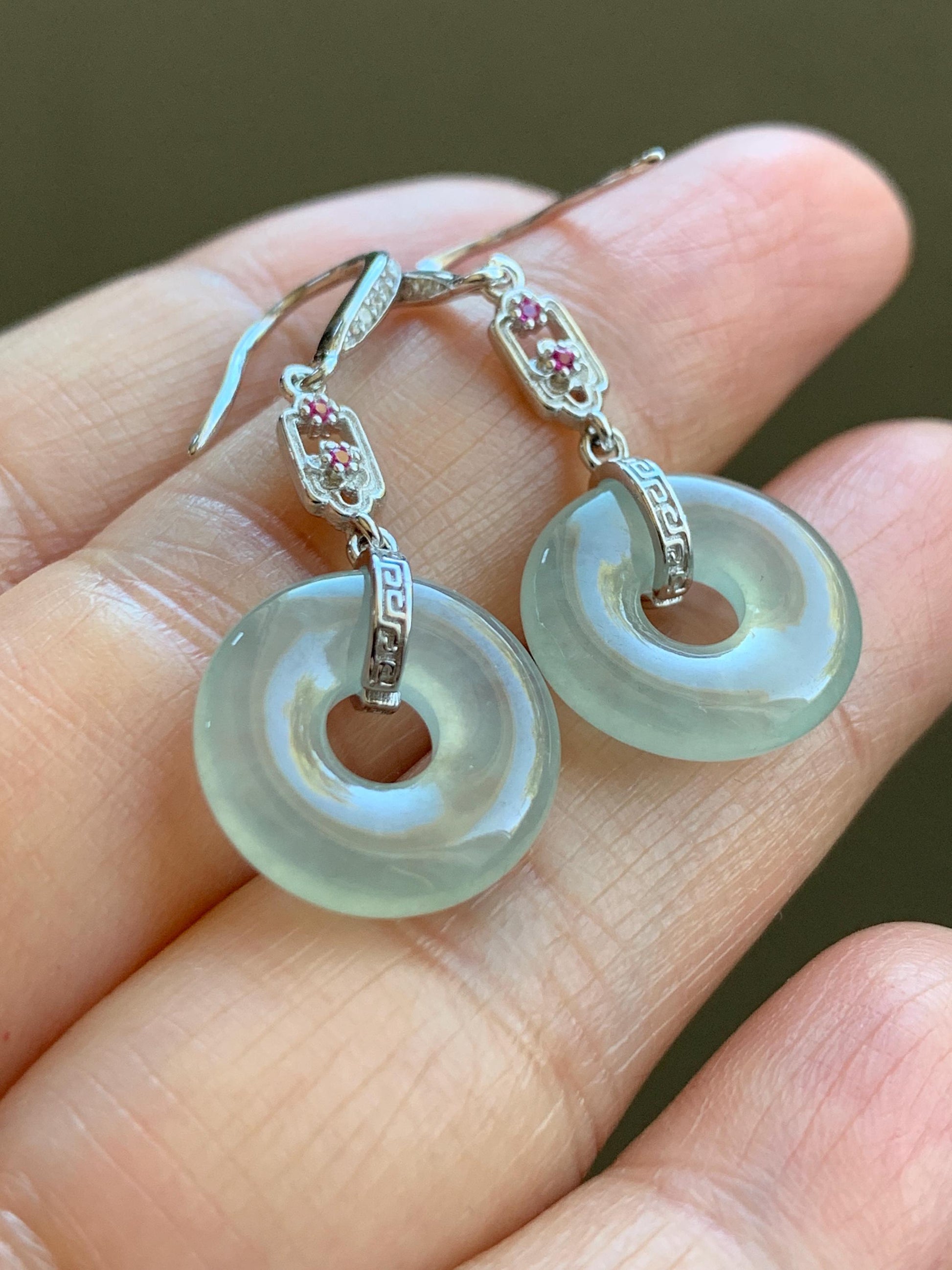 Natural Grade A Icy Highly Translucent Pastel Green Jade Jadeite Ping An Kou Donut Dangle Earrings Sterling Silver 天然起光冰晴底翡翠平安扣镶嵌耳钩 MQK188
