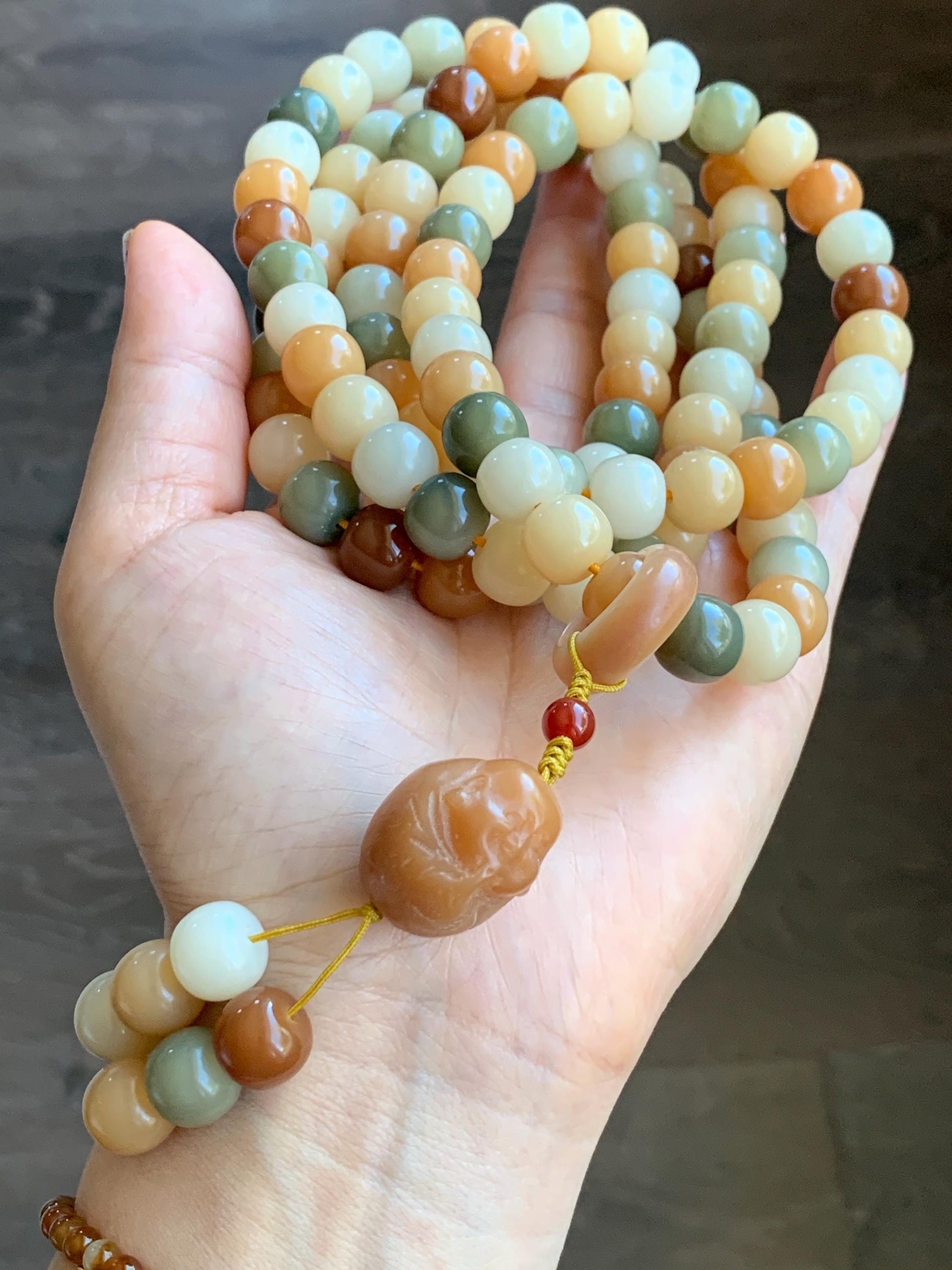 Natural Genuine Multicolored Carved Drum Beads & Buddha Charm Beaded Mala Prayer Beaded Necklace 42” 119g 天然多宝菩提珠长串 DBPT140