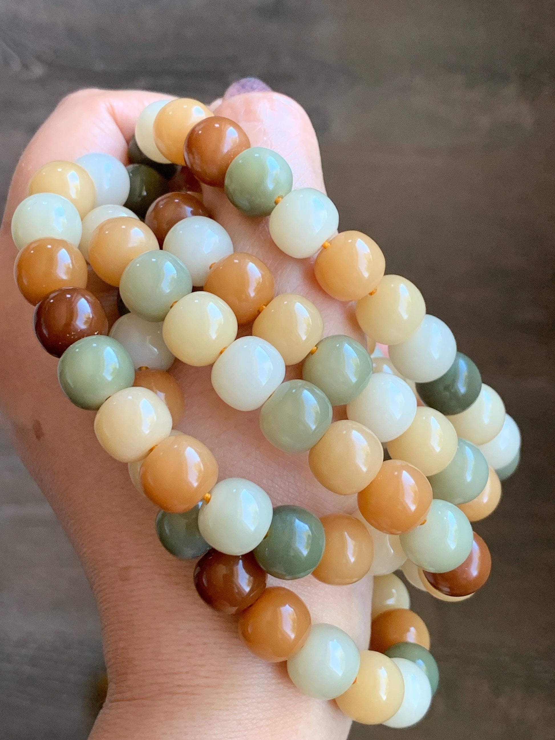 Natural Genuine Multicolored Carved Drum Beads & Buddha Charm Beaded Mala Prayer Beaded Necklace 42” 119g 天然多宝菩提珠长串 DBPT140