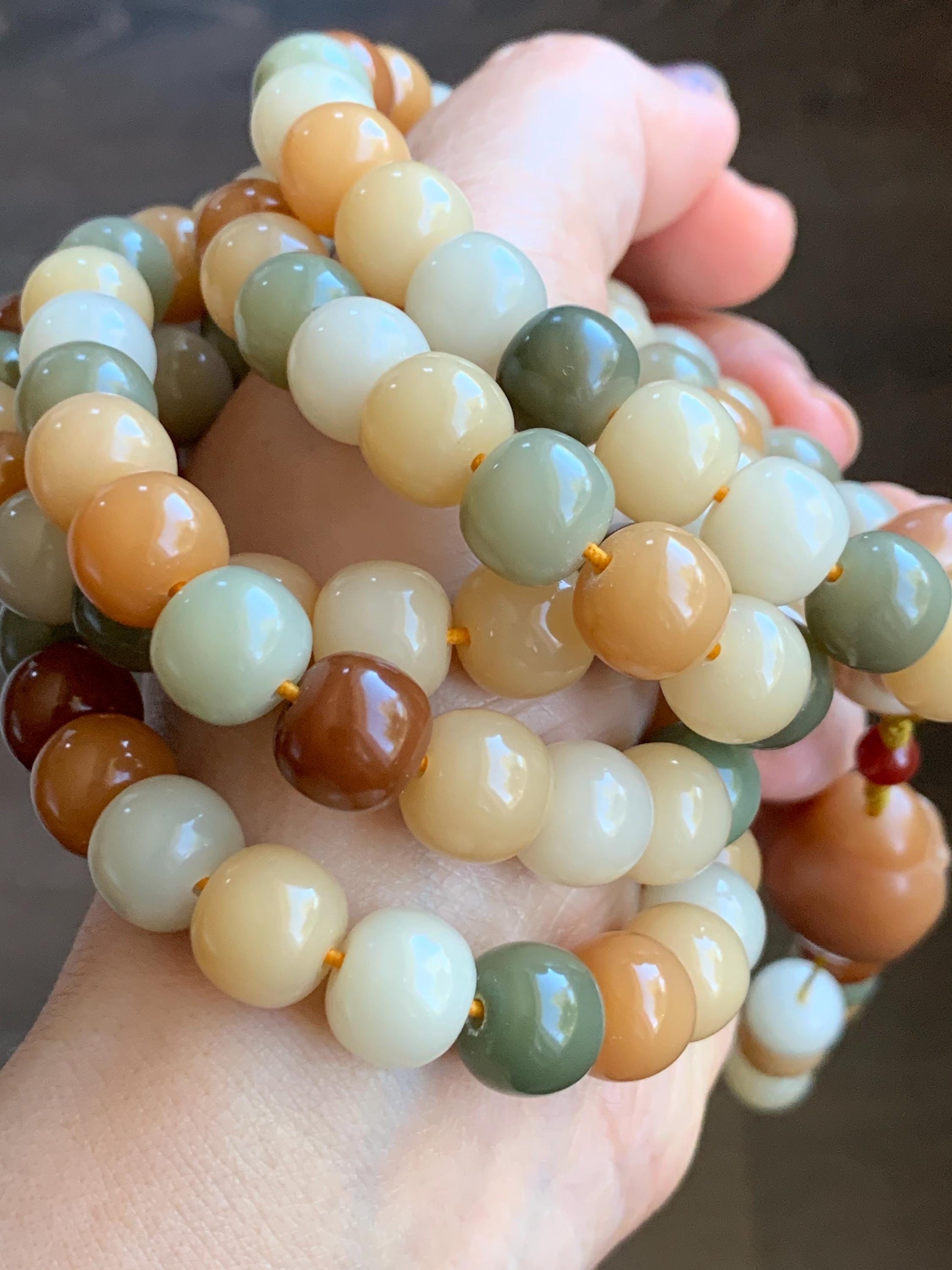Natural Genuine Multicolored Carved Drum Beads & Buddha Charm Beaded Mala Prayer Beaded Necklace 42” 119g 天然多宝菩提珠长串 DBPT140