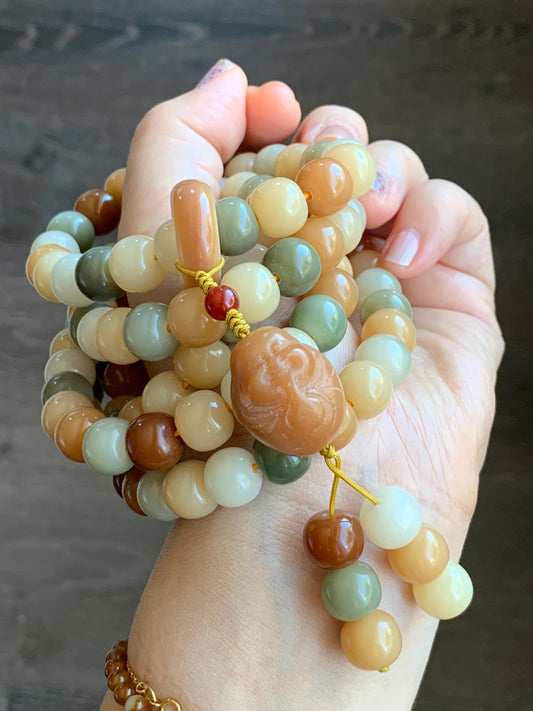 Natural Genuine Multicolored Carved Drum Beads & Buddha Charm Beaded Mala Prayer Beaded Necklace 42” 119g 天然多宝菩提珠长串 DBPT140