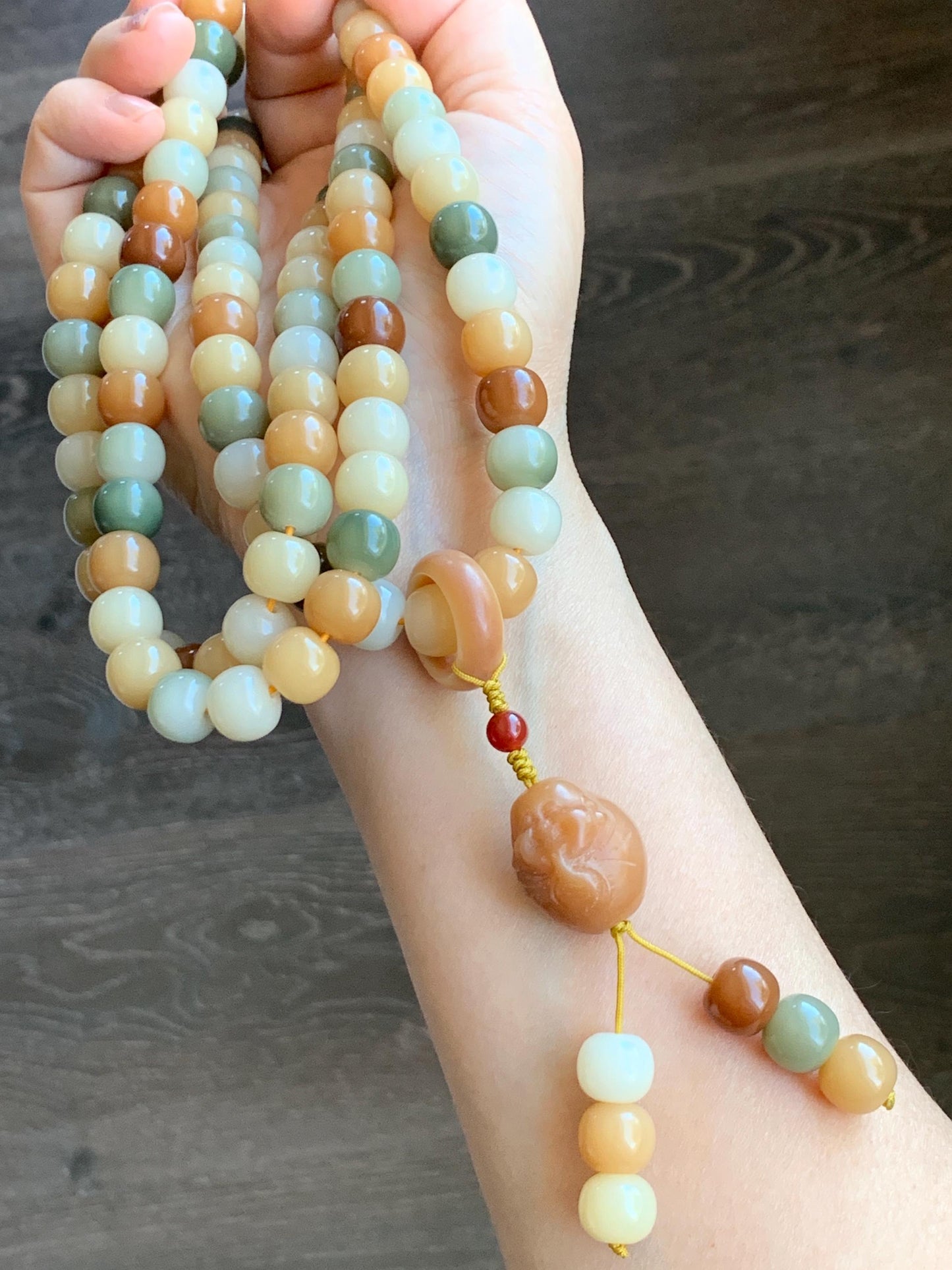 Natural Genuine Multicolored Carved Drum Beads & Buddha Charm Beaded Mala Prayer Beaded Necklace 42” 119g 天然多宝菩提珠长串 DBPT140