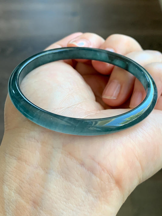 Certified Natural Grade A Guatemalan Icy Highly Translucent Gelatinous Teal Blue Jadeite Slim Bangle 55.8mm 16.26g 天然老种冰胶危蓝飘花翡翠细条手镯 1145