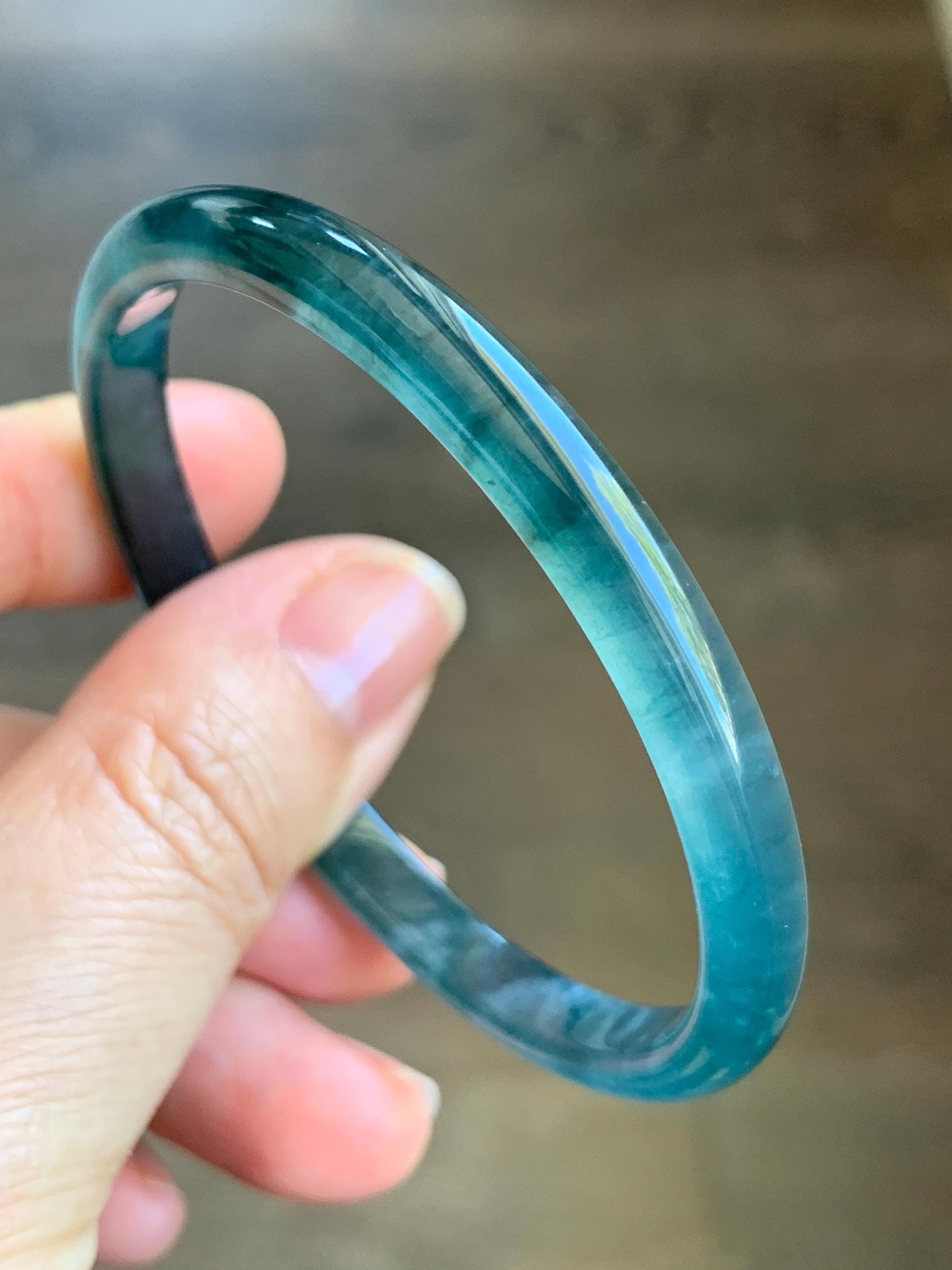 Certified Natural Grade A Guatemalan Icy Highly Translucent Gelatinous Teal Blue Jadeite Slim Bangle 55.8mm 16.26g 天然老种冰胶危蓝飘花翡翠细条手镯 1145