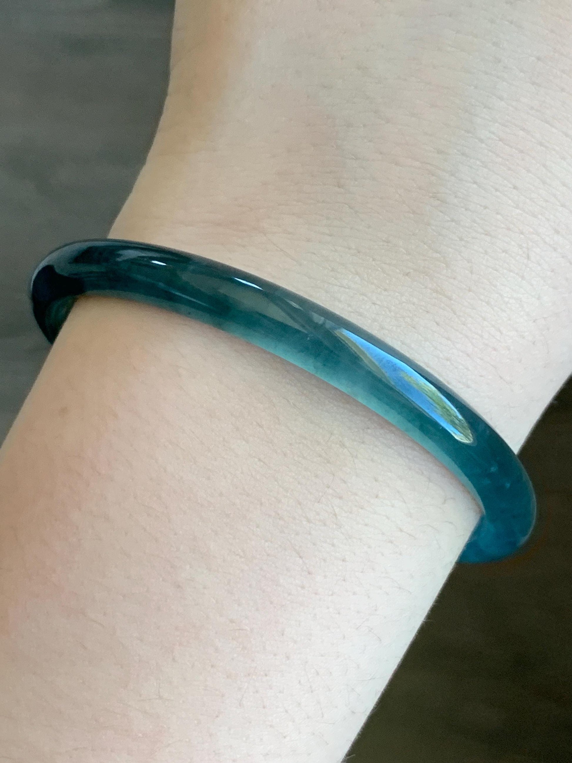 Certified Natural Grade A Guatemalan Icy Highly Translucent Gelatinous Teal Blue Jadeite Slim Bangle 55.8mm 16.26g 天然老种冰胶危蓝飘花翡翠细条手镯 1145