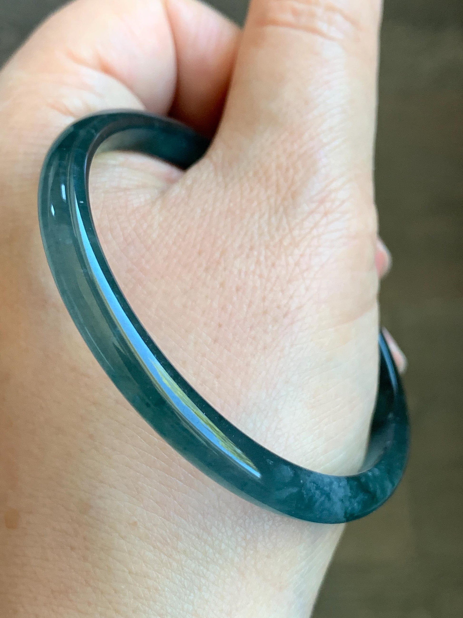 Certified Natural Grade A Guatemalan Icy Highly Translucent Gelatinous Teal Blue Jadeite Slim Bangle 55.8mm 16.26g 天然老种冰胶危蓝飘花翡翠细条手镯 1145