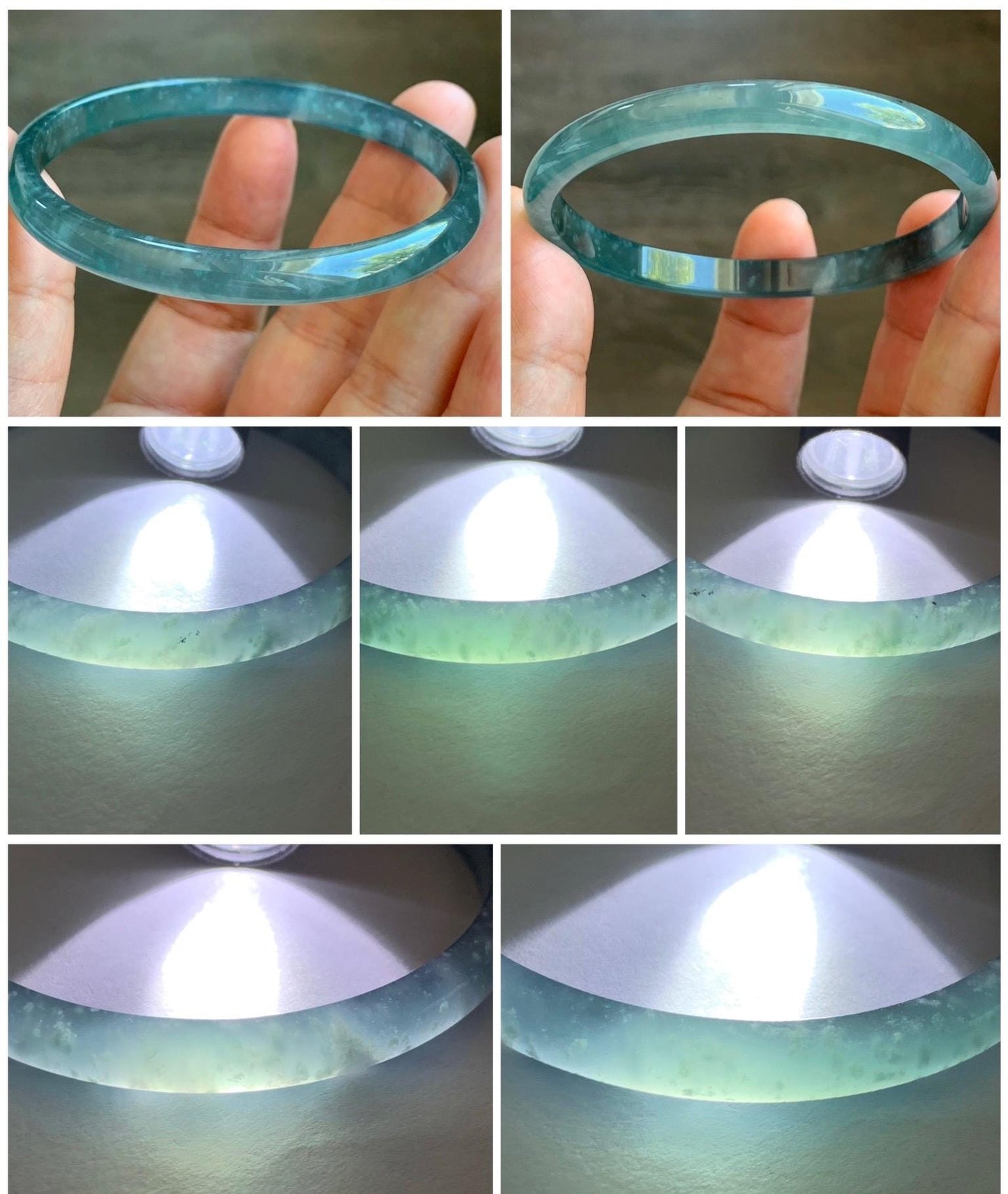 Certified Natural Grade A Guatemalan Icy Highly Translucent Gelatinous Teal Blue Jade Jadeite Slim Bangle 58.7mm 16.33g 天然老种冰胶危蓝翡翠细条手镯 1134