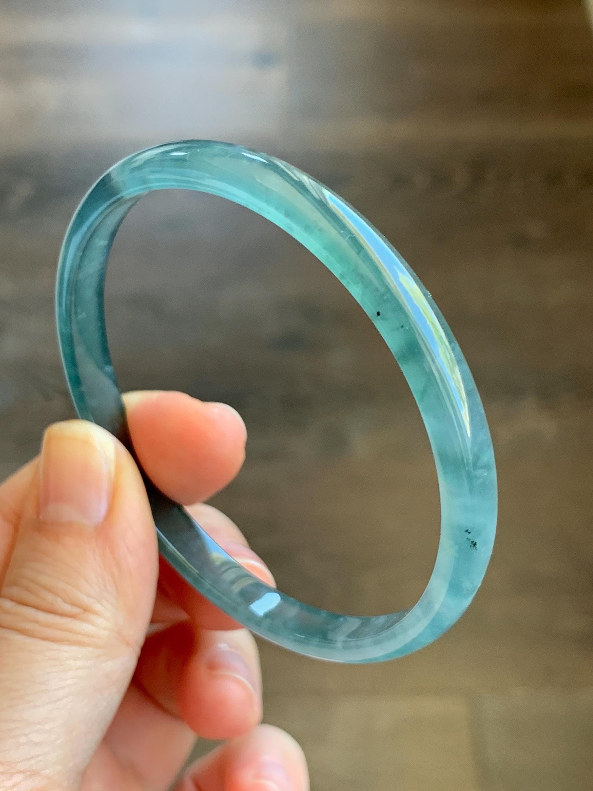 Certified Natural Grade A Guatemalan Icy Highly Translucent Gelatinous Teal Blue Jade Jadeite Slim Bangle 58.7mm 16.33g 天然老种冰胶危蓝翡翠细条手镯 1134