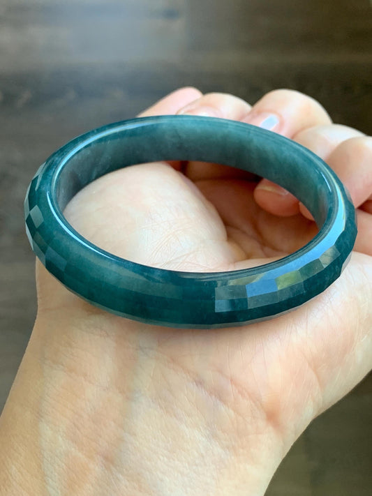 Certified Natural Grade A Guatemalan Icy Translucent Dark Blue Jade Jadeite Faceted Bangle 56mm 11.6x6.5mm 41.77g 天然老种冰危深蓝翡翠正圈切割面手镯 1353