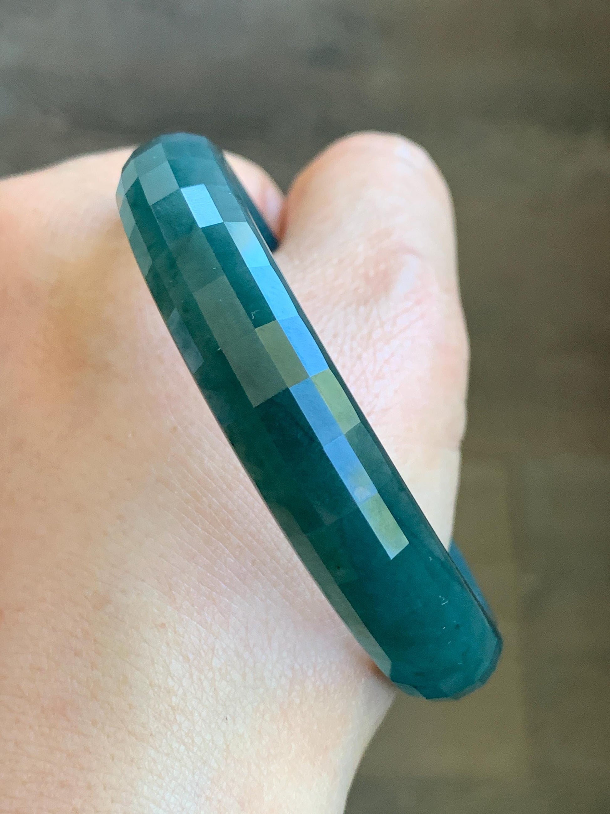 Certified Natural Grade A Guatemalan Icy Translucent Dark Blue Jade Jadeite Faceted Bangle 56.8mm 38.5mm 11.8x5.8mm 天然老种冰危深蓝绿翡翠正圈切割面手镯 1355