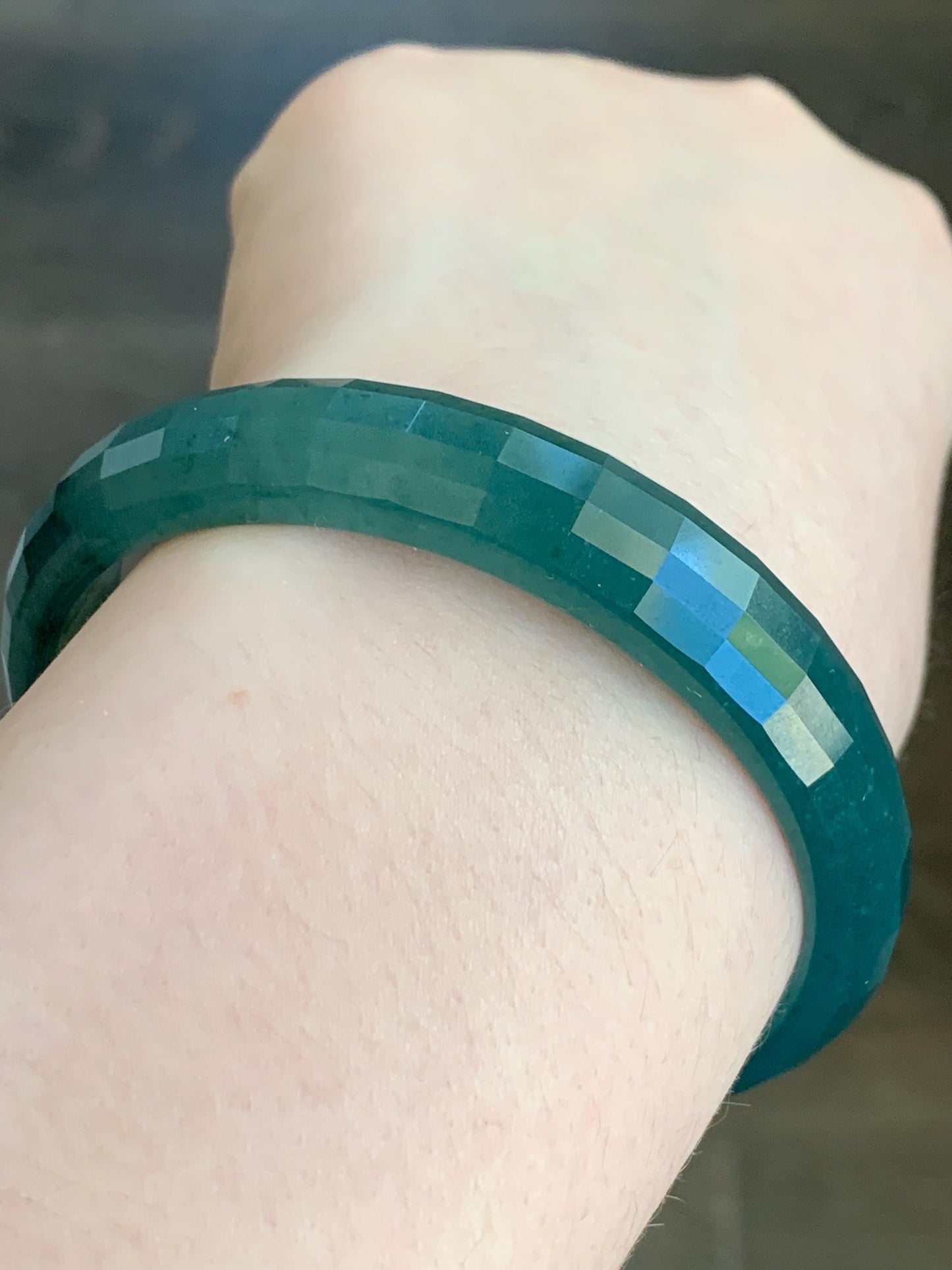 Certified Natural Grade A Guatemalan Icy Translucent Dark Blue Jade Jadeite Faceted Bangle 56.8mm 38.5mm 11.8x5.8mm 天然老种冰危深蓝绿翡翠正圈切割面手镯 1355