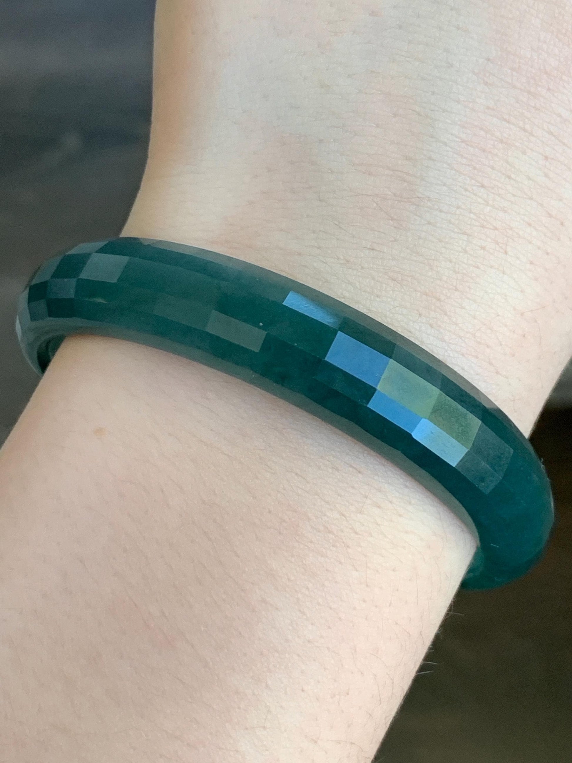 Certified Natural Grade A Guatemalan Icy Translucent Dark Blue Jade Jadeite Faceted Bangle 56.8mm 38.5mm 11.8x5.8mm 天然老种冰危深蓝绿翡翠正圈切割面手镯 1355