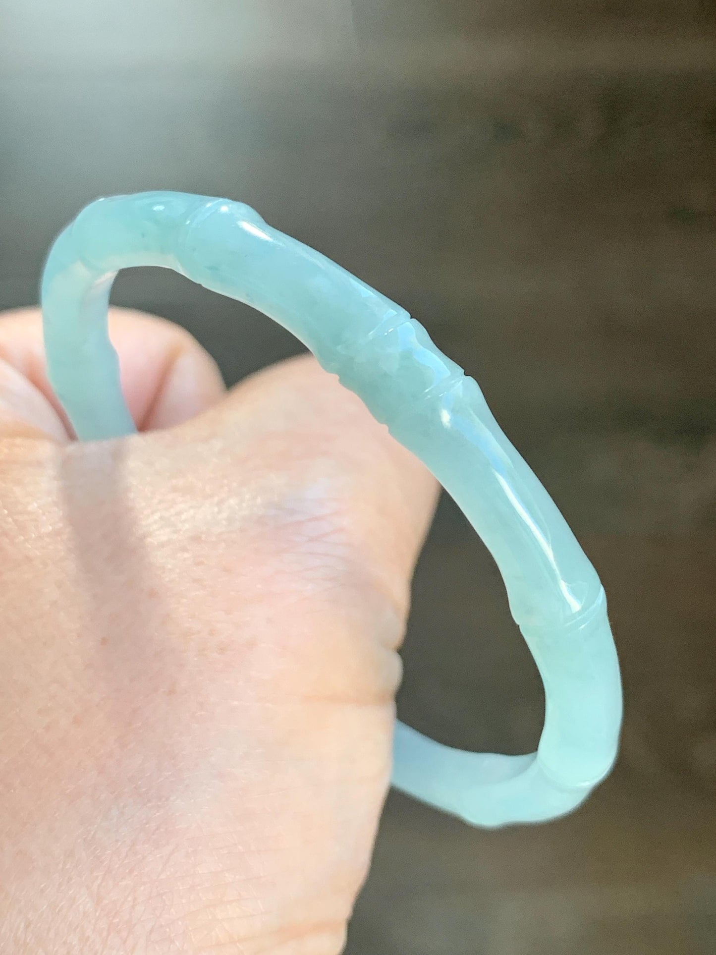 Certified Natural Guatemalan Icy Translucent Gelatinous Pastel Teal Blue Jadeite Carved Bamboo Bangle 50.98mm 12.7g 天然冰胶危淡蓝底翡翠竹节手镯 1147