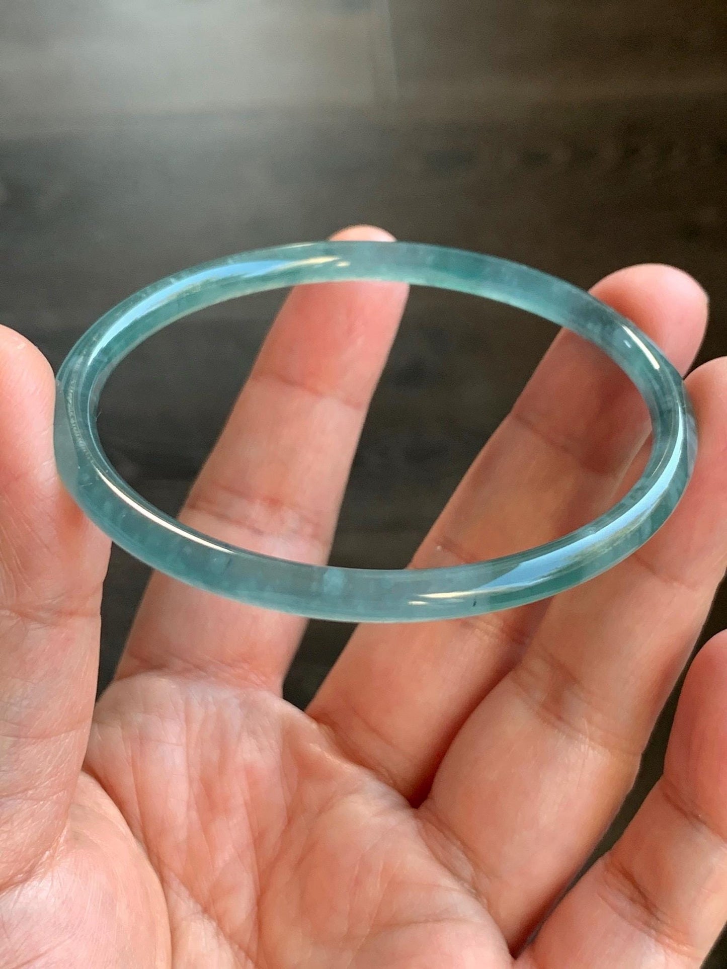 Certified Natural Guatemalan Icy Highly Translucent Gelatinous Teal Blue Jadeite Slim Bangle Bracelet 57.68mm 11.81g 天然老种冰胶危蓝翡翠细圆条手镯 1137