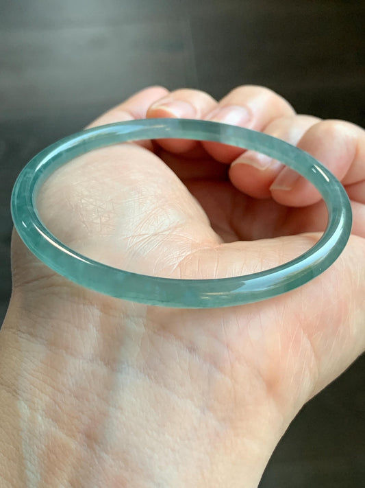 Certified Natural Guatemalan Icy Highly Translucent Gelatinous Teal Blue Jadeite Slim Bangle Bracelet 57.68mm 11.81g 天然老种冰胶危蓝翡翠细圆条手镯 1137