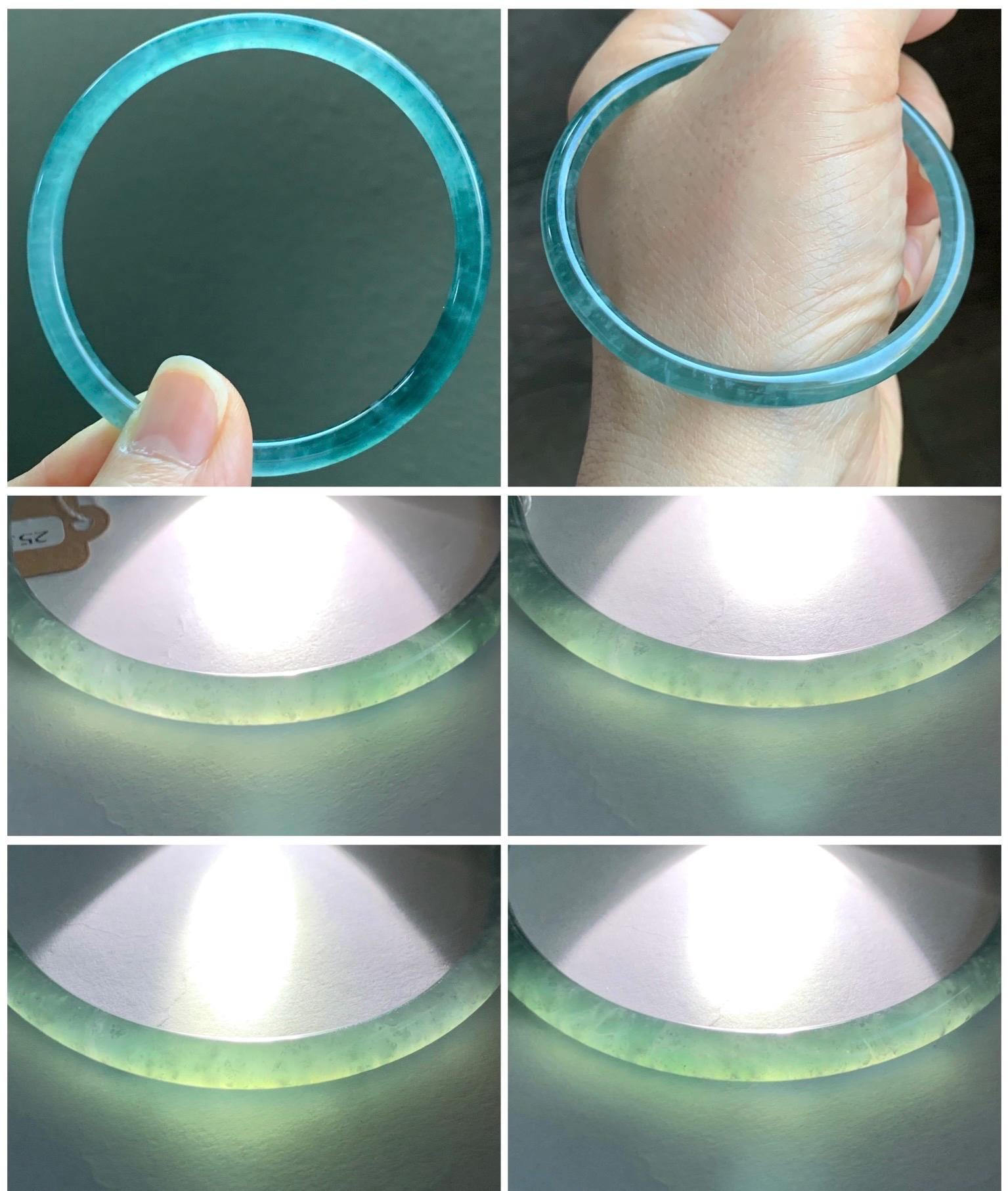 Certified Natural Guatemalan Icy Highly Translucent Gelatinous Teal Blue Jadeite Slim Bangle 54.54mm 11.75g 天然老种冰胶危蓝翡翠细圆条手镯 1136