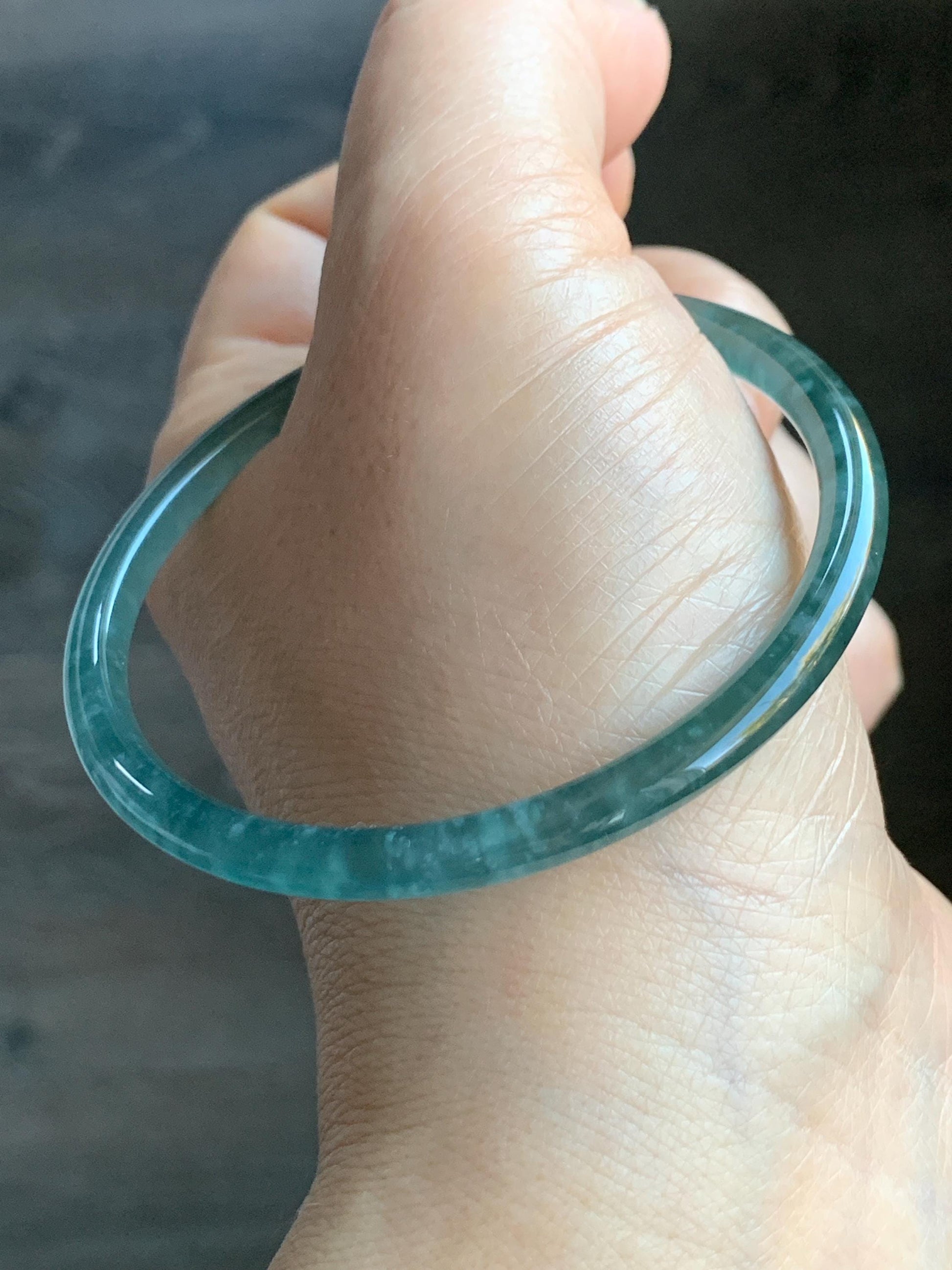 Certified Natural Guatemalan Icy Highly Translucent Gelatinous Teal Blue Jadeite Slim Bangle 54.54mm 11.75g 天然老种冰胶危蓝翡翠细圆条手镯 1136