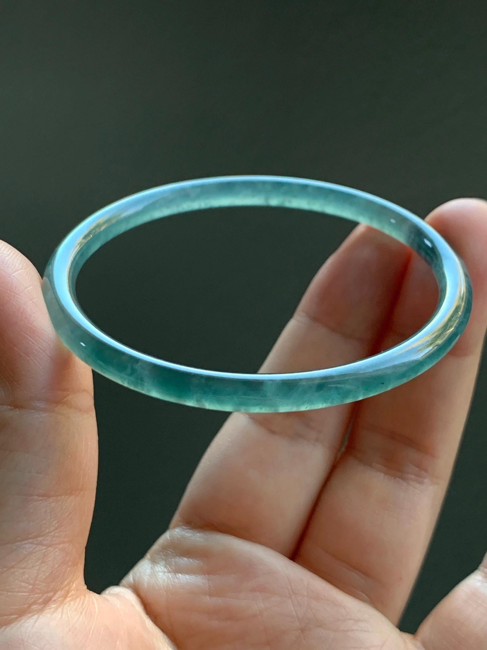 Certified Natural Guatemalan Icy Highly Translucent Gelatinous Teal Blue Jadeite Slim Bangle 54.54mm 11.75g 天然老种冰胶危蓝翡翠细圆条手镯 1136