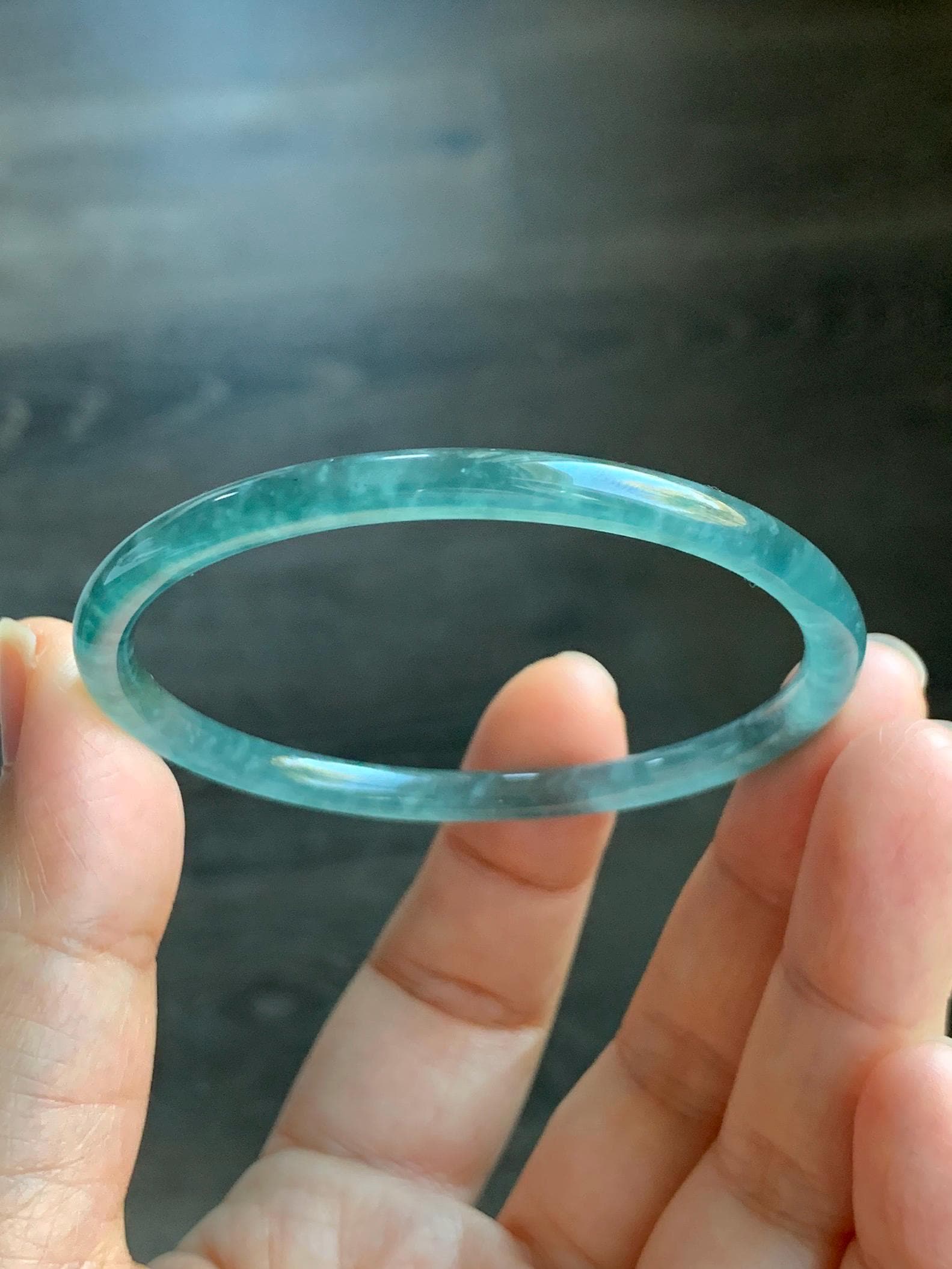 Certified Natural Guatemalan Icy Highly Translucent Gelatinous Teal Blue Jadeite Slim Bangle 54.54mm 11.75g 天然老种冰胶危蓝翡翠细圆条手镯 1136