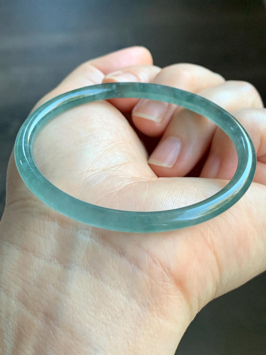 Certified Natural Guatemalan Icy Highly Translucent Gelatinous Teal Blue Jadeite Slim Bangle 54.54mm 11.75g 天然老种冰胶危蓝翡翠细圆条手镯 1136