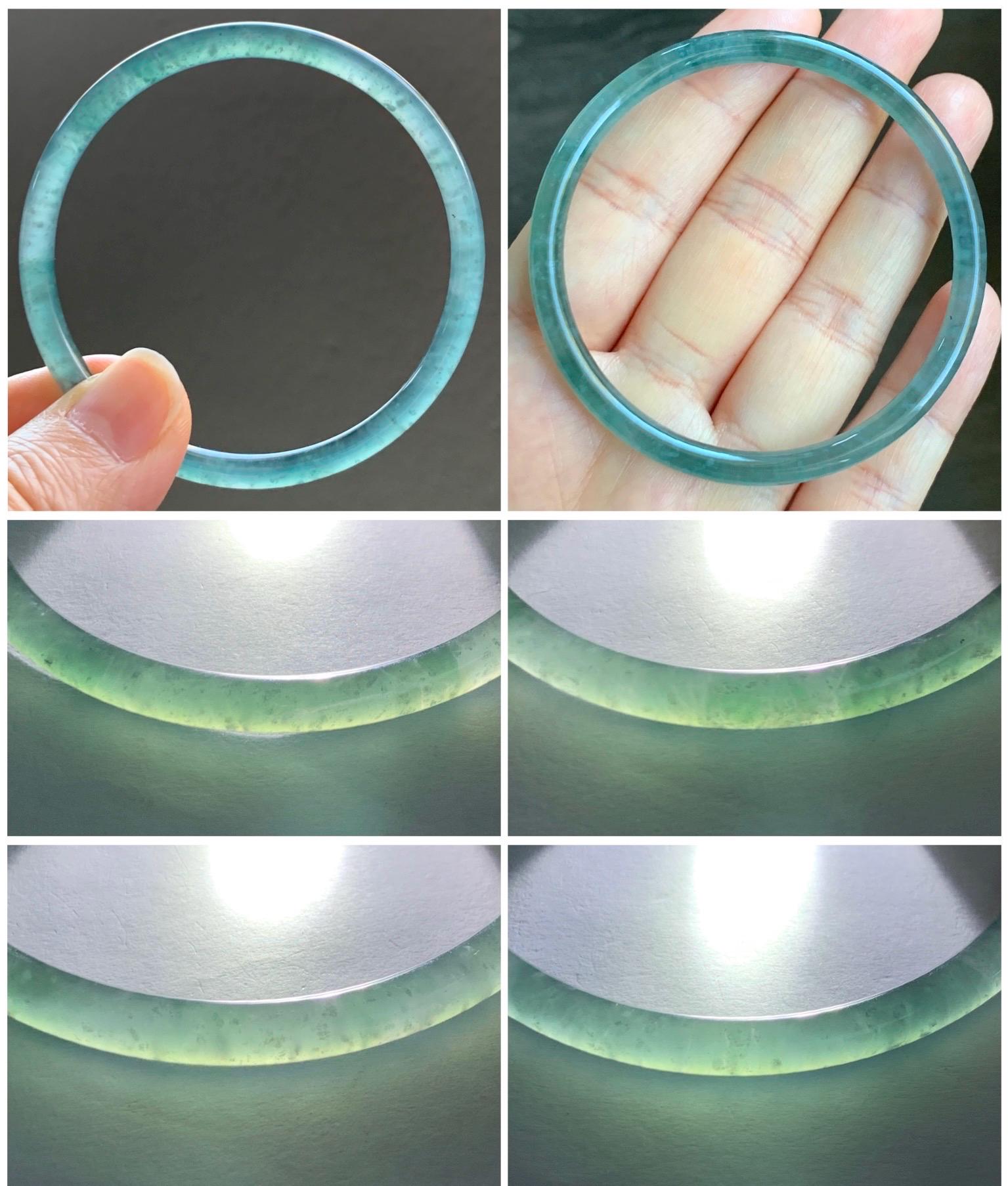 Certified Natural Guatemalan Icy Highly Translucent Gelatinous Teal Blue Jadeite Slim Bangle 54.45mm 10.94g 天然老种冰胶危蓝翡翠细圆条手镯 1138