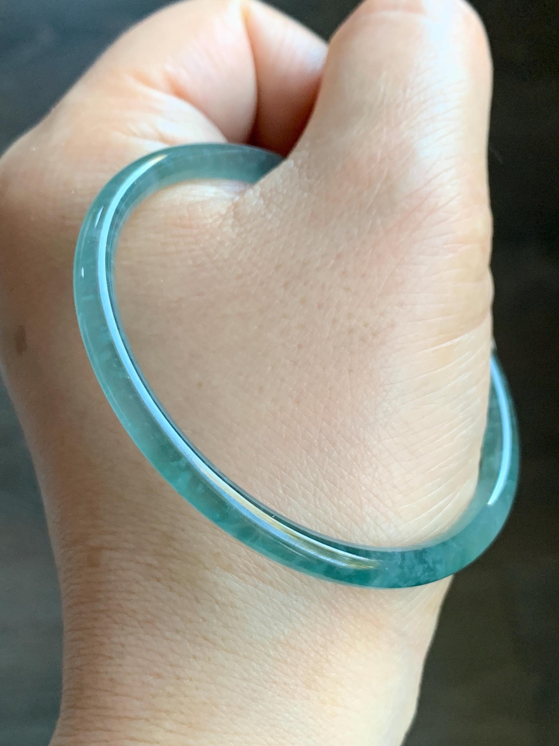 Certified Natural Guatemalan Icy Highly Translucent Gelatinous Teal Blue Jadeite Slim Bangle 54.45mm 10.94g 天然老种冰胶危蓝翡翠细圆条手镯 1138