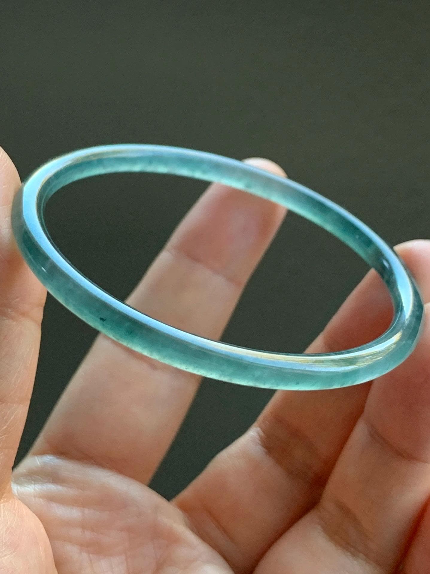 Certified Natural Guatemalan Icy Highly Translucent Gelatinous Teal Blue Jadeite Slim Bangle 54.45mm 10.94g 天然老种冰胶危蓝翡翠细圆条手镯 1138