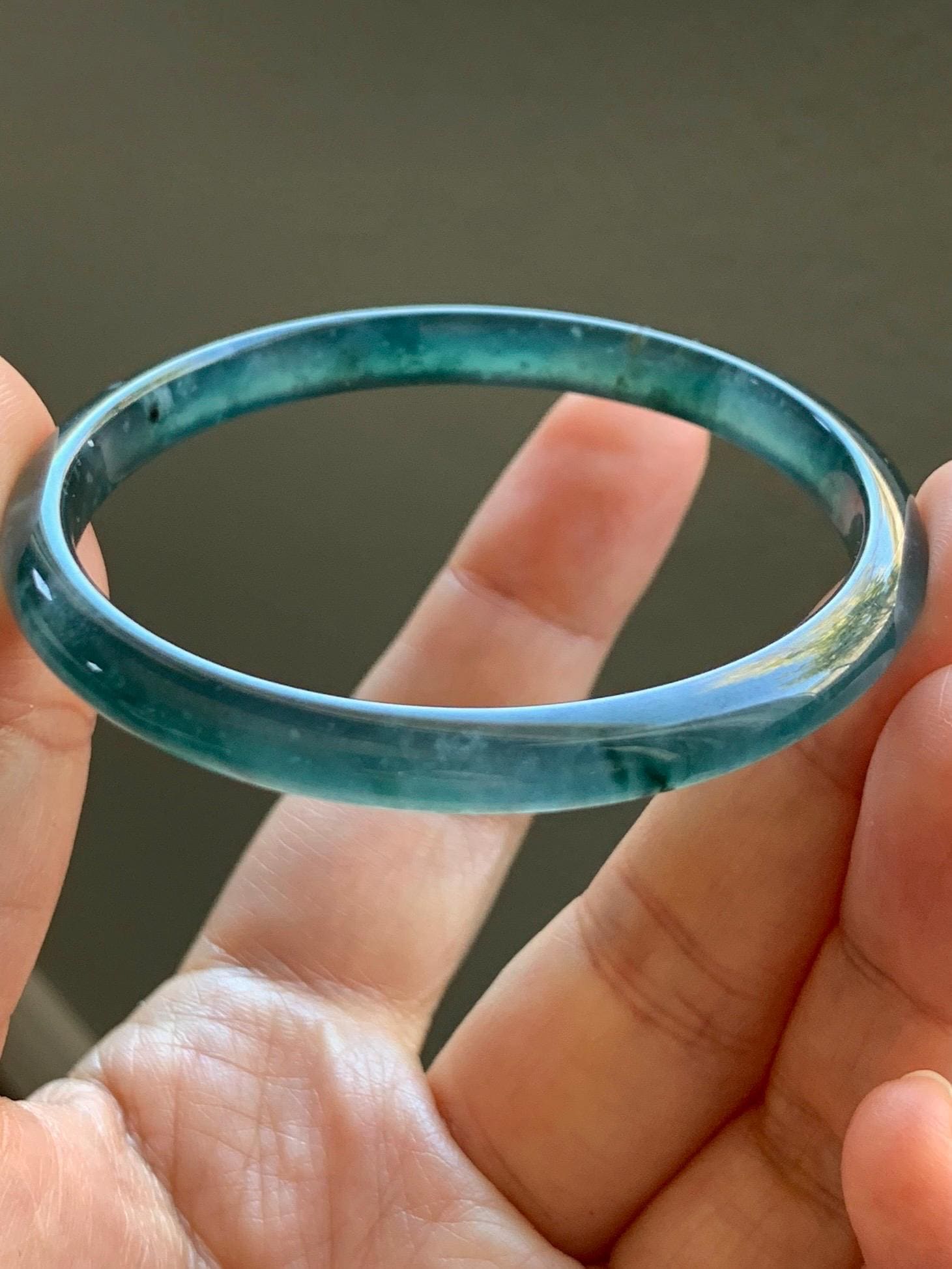 Certified Natural Guatemalan Icy Highly Translucent Gelatinous Dark Teal Blue Jadeite Slim Bangle 52.83mm 14.18g 天然老种冰胶危深蓝翡翠细条手镯 1132