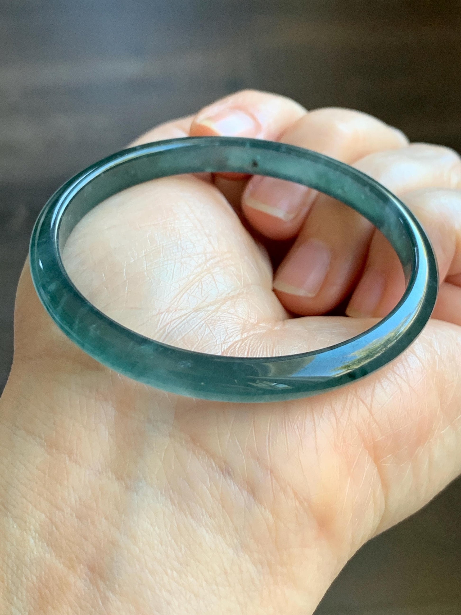 Certified Natural Guatemalan Icy Highly Translucent Gelatinous Dark Teal Blue Jadeite Slim Bangle 52.83mm 14.18g 天然老种冰胶危深蓝翡翠细条手镯 1132