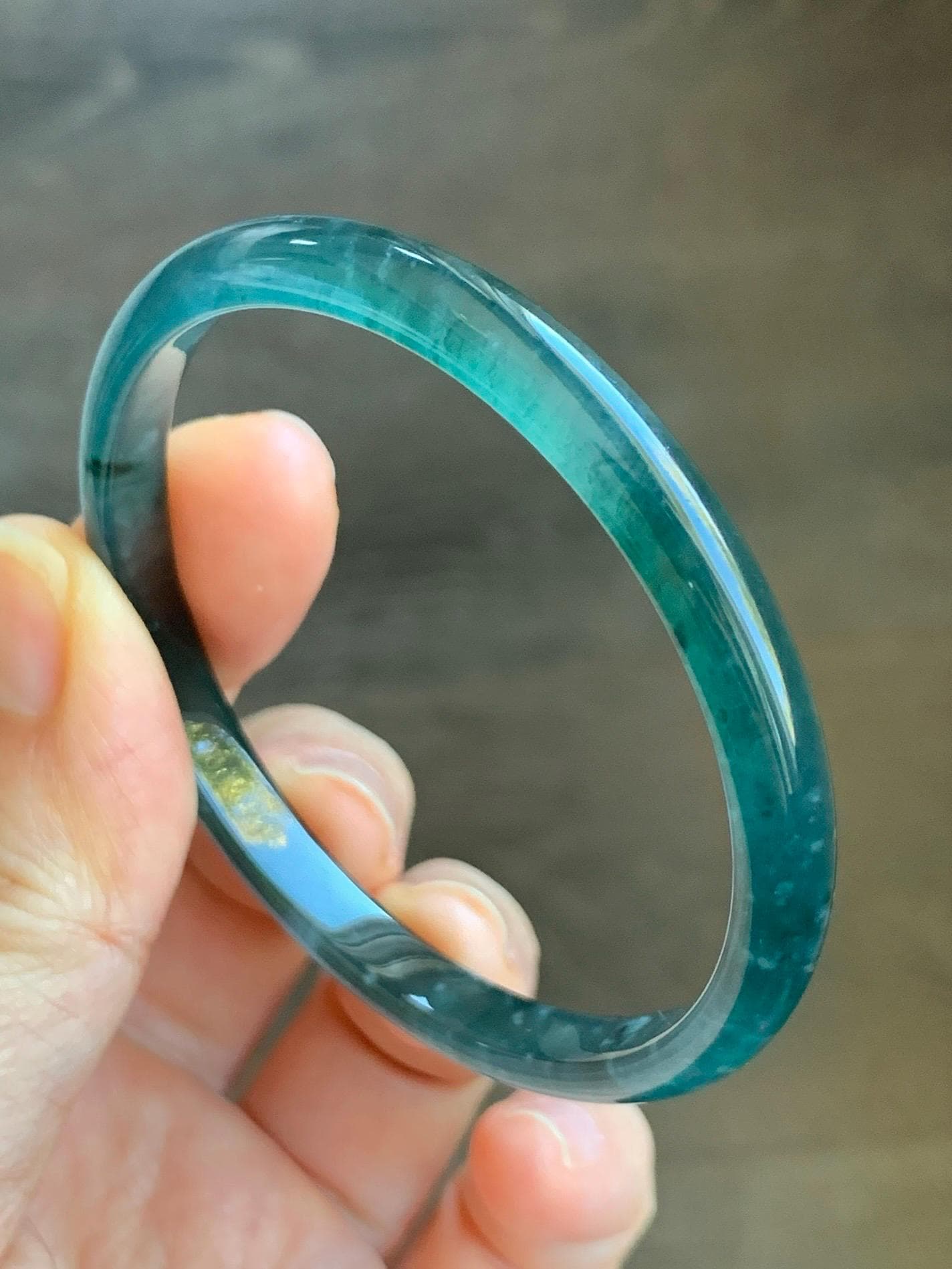 Certified Natural Guatemalan Icy Highly Translucent Gelatinous Dark Teal Blue Jadeite Slim Bangle 52.83mm 14.18g 天然老种冰胶危深蓝翡翠细条手镯 1132