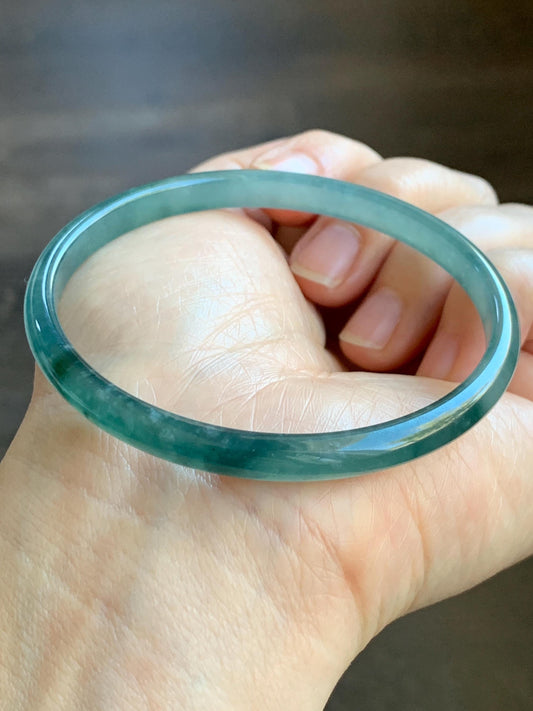 Certified Natural Grade A Guatemalan Icy Highly Translucent Gelatinous Teal Blue Jadeite Slim Bangle 61mm 16.59g 天然老种冰胶危蓝飘花翡翠细条手镯 1131