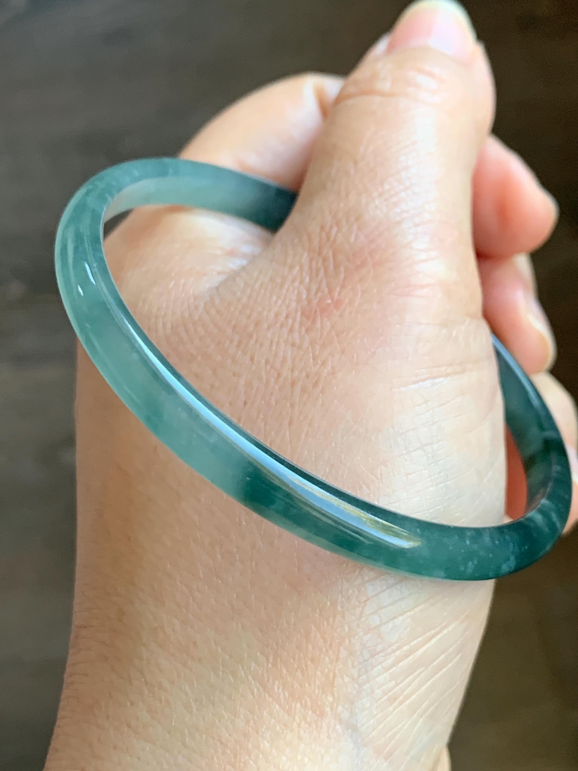 Certified Natural Grade A Guatemalan Icy Highly Translucent Gelatinous Teal Blue Jadeite Slim Bangle 61mm 16.59g 天然老种冰胶危蓝飘花翡翠细条手镯 1131