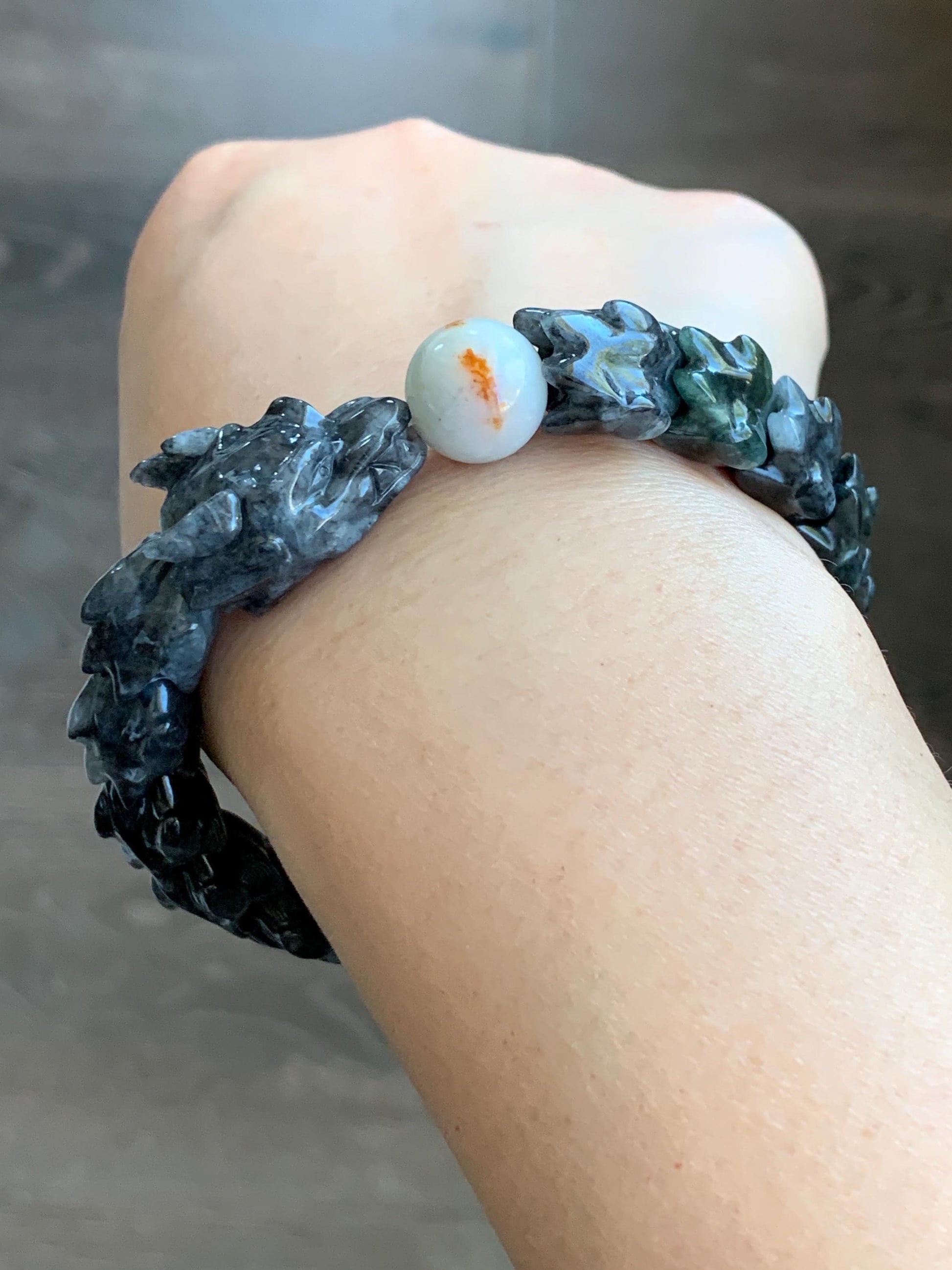 Natural Grade A Icy Wuji Jadeite Carved Dragon Bone & Icy Translucent Red Marbled Jadeite Bead Beaded Bracelet 7.75" 55g 天然乌鸡翡翠龙骨撒金翡翠珠手串 WLG