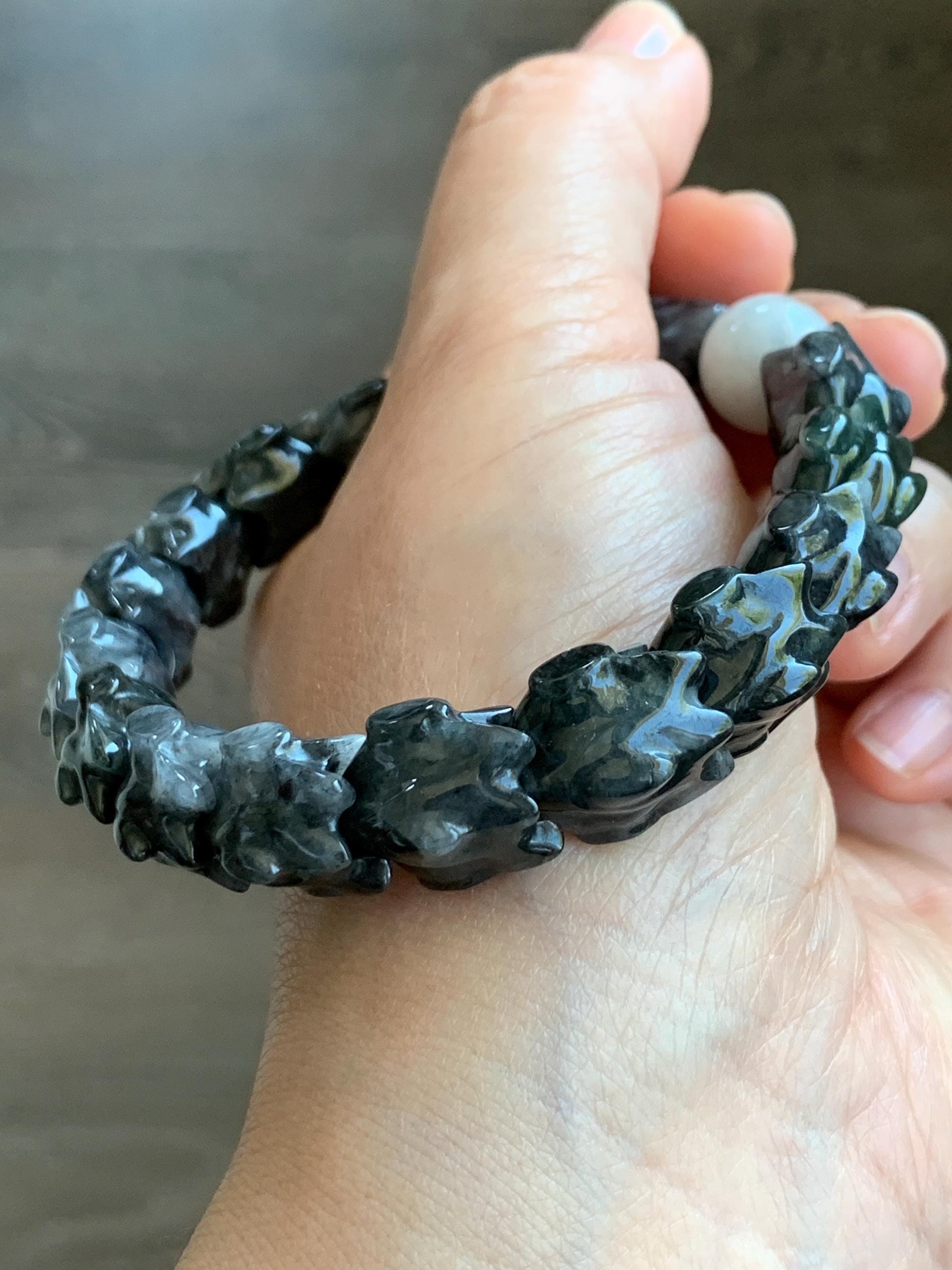 Natural Grade A Icy Wuji Jadeite Carved Dragon Bone & Icy Translucent Red Marbled Jadeite Bead Beaded Bracelet 7.75" 55g 天然乌鸡翡翠龙骨撒金翡翠珠手串 WLG