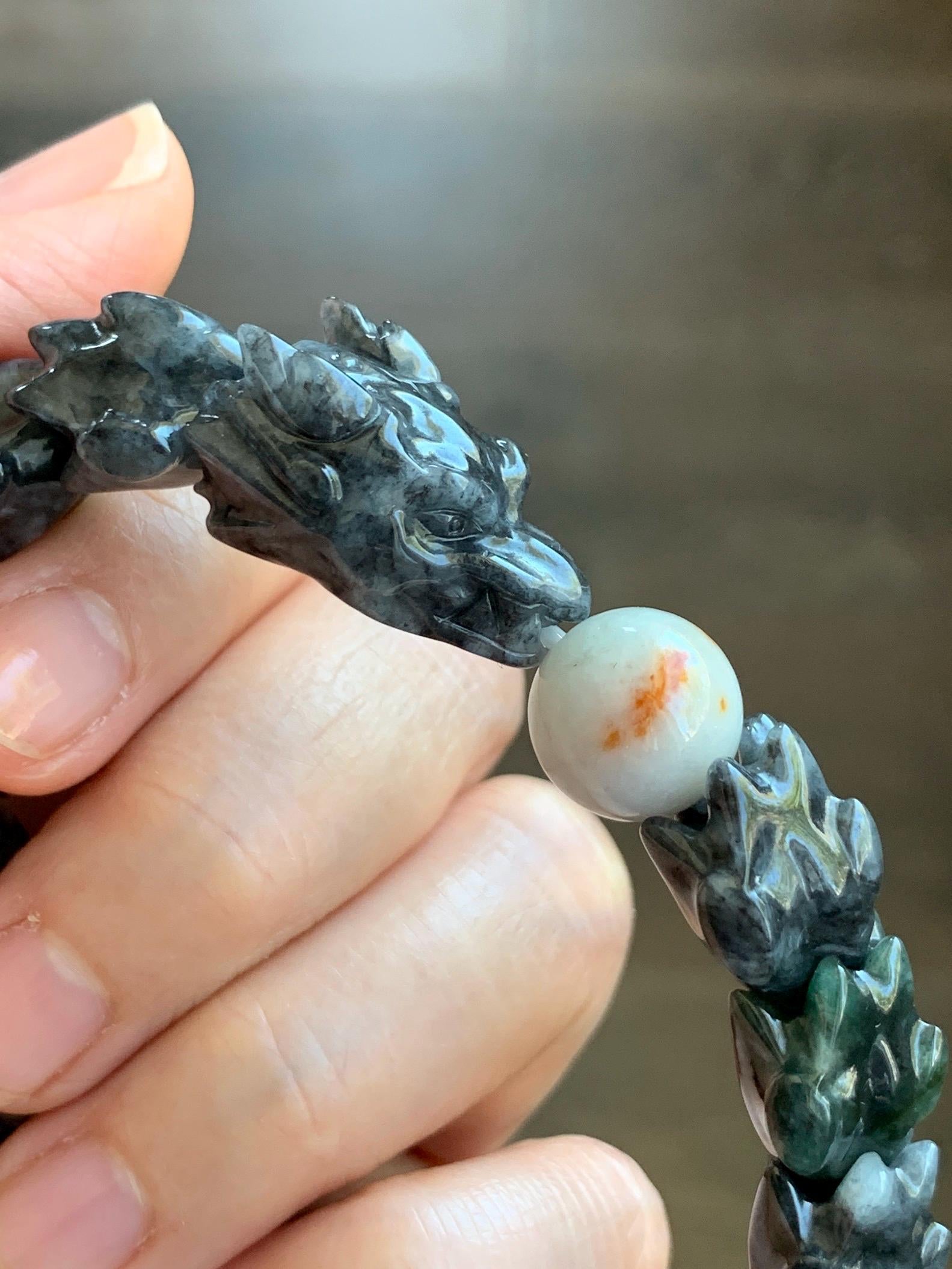 Natural Grade A Icy Wuji Jadeite Carved Dragon Bone & Icy Translucent Red Marbled Jadeite Bead Beaded Bracelet 7.75" 55g 天然乌鸡翡翠龙骨撒金翡翠珠手串 WLG